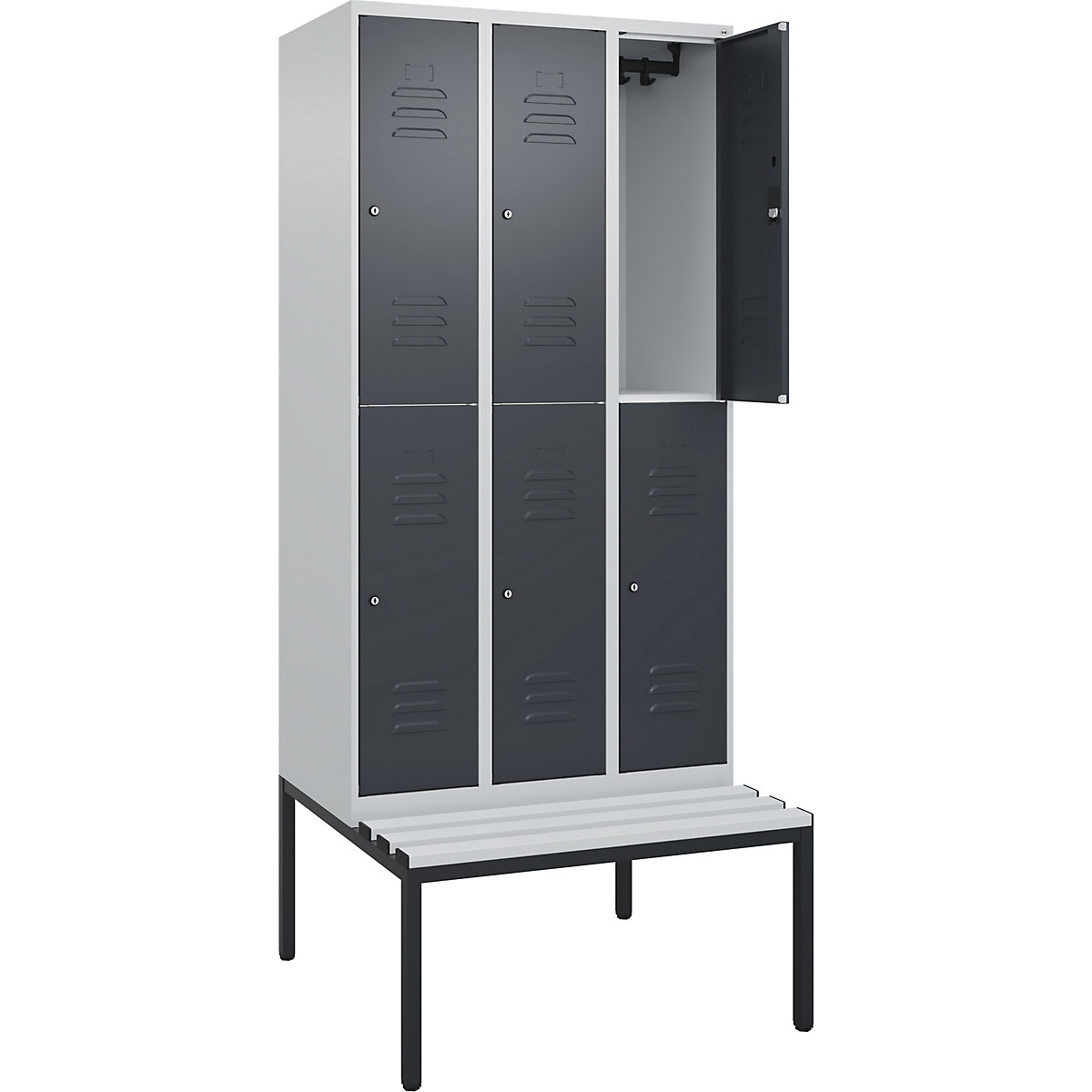 Armadietto a due piani Classic PLUS con panca – C+P, 3 scomparti, grigio chiaro / grigio, largh. 900 mm, serratura a cilindro, panca integrata, plastica-0
