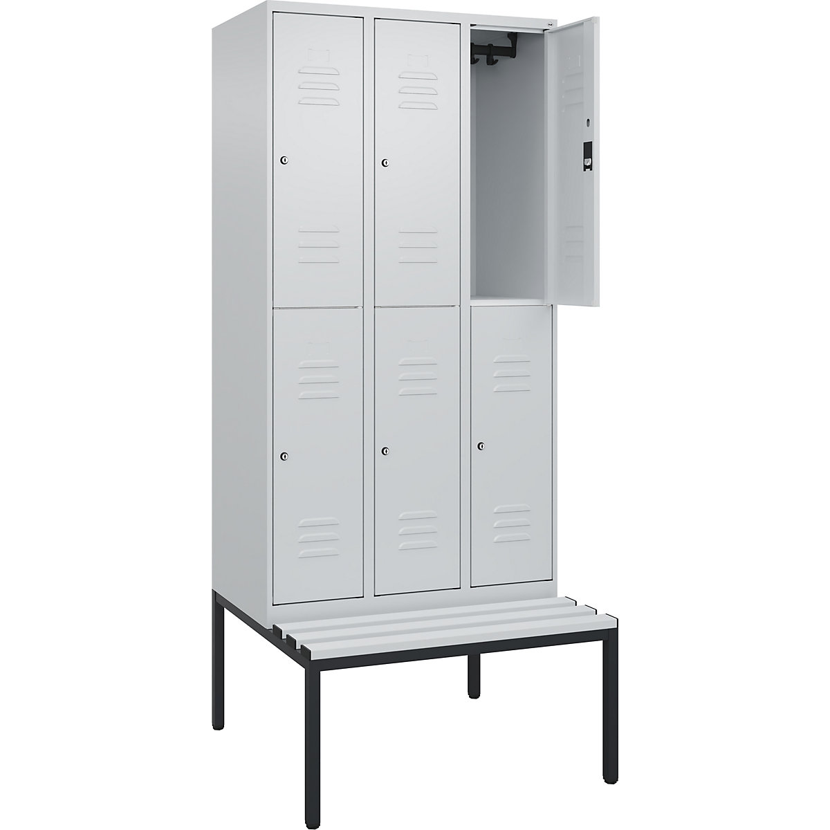 Armadietto a due piani Classic PLUS con panca – C+P, 3 scomparti, grigio chiaro, largh. 900 mm, serratura a cilindro, panca integrata, plastica-0