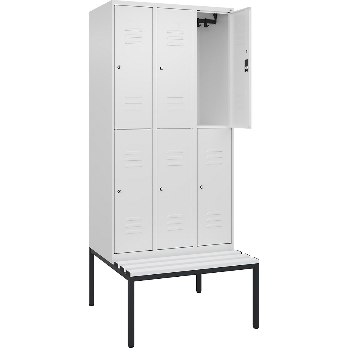 Armadietto a due piani Classic PLUS con panca – C+P, 3 scomparti, bianco traffico, largh. 900 mm, serratura a cilindro, panca integrata, plastica-0