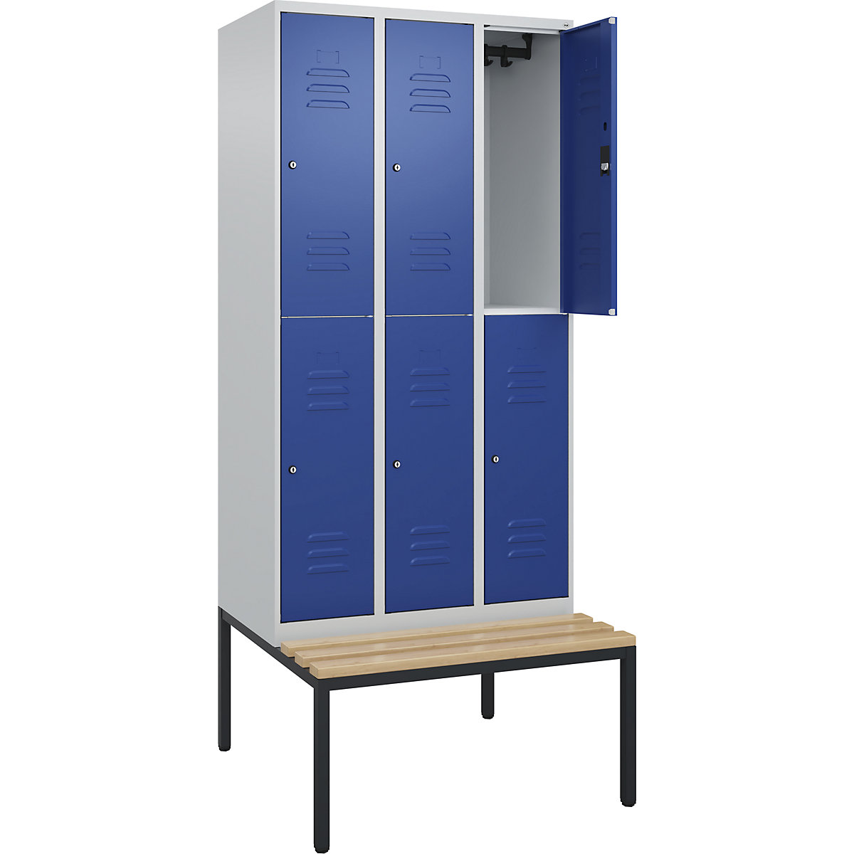 Armadietto a due piani Classic PLUS con panca – C+P, 3 scomparti, grigio chiaro / blu genziana, largh. 900 mm, serratura a cilindro, panca integrata, legno duro di faggio-0