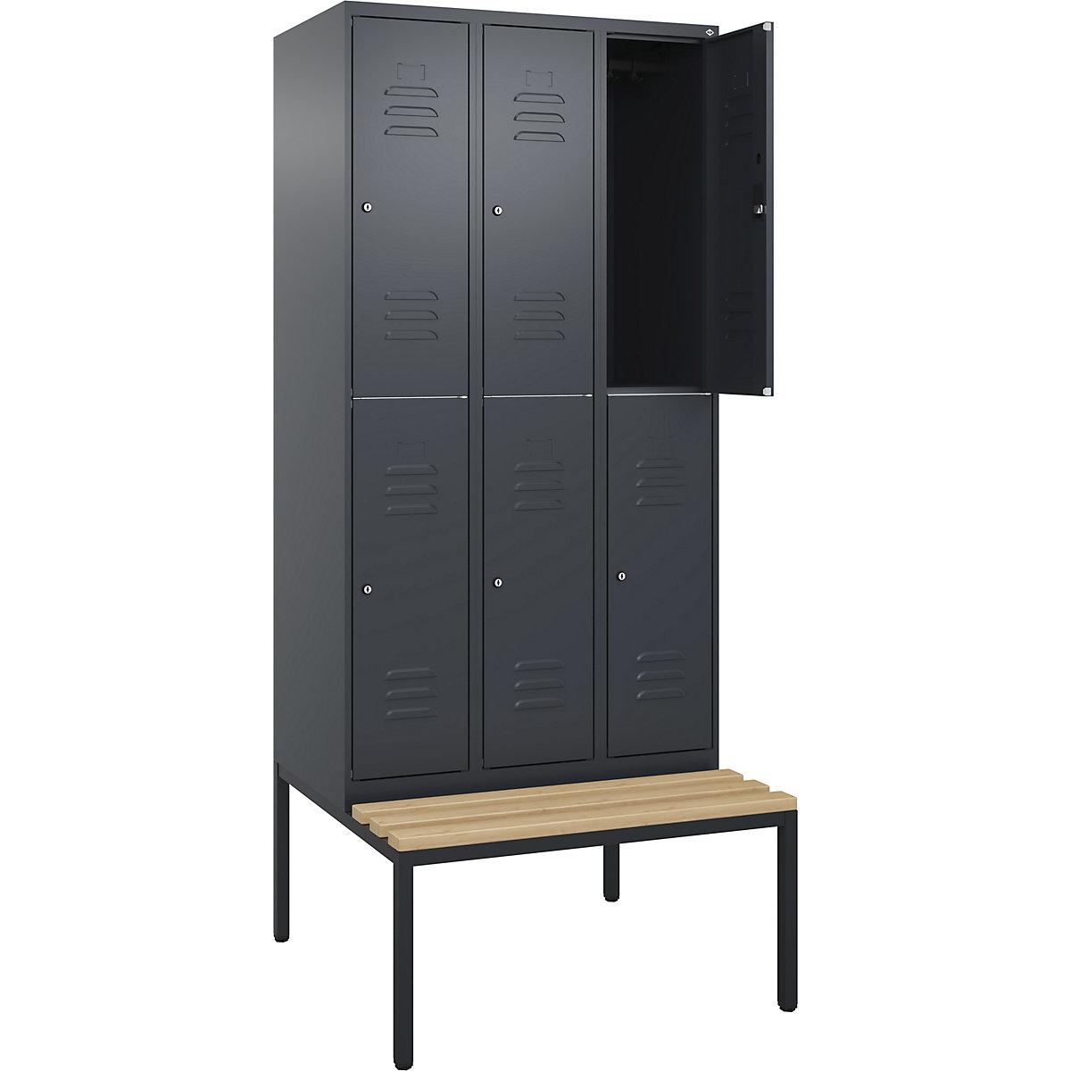 Armadietto a due piani Classic PLUS con panca – C+P, 3 scomparti, grigio, largh. 900 mm, serratura a cilindro, panca integrata, legno duro di faggio-0