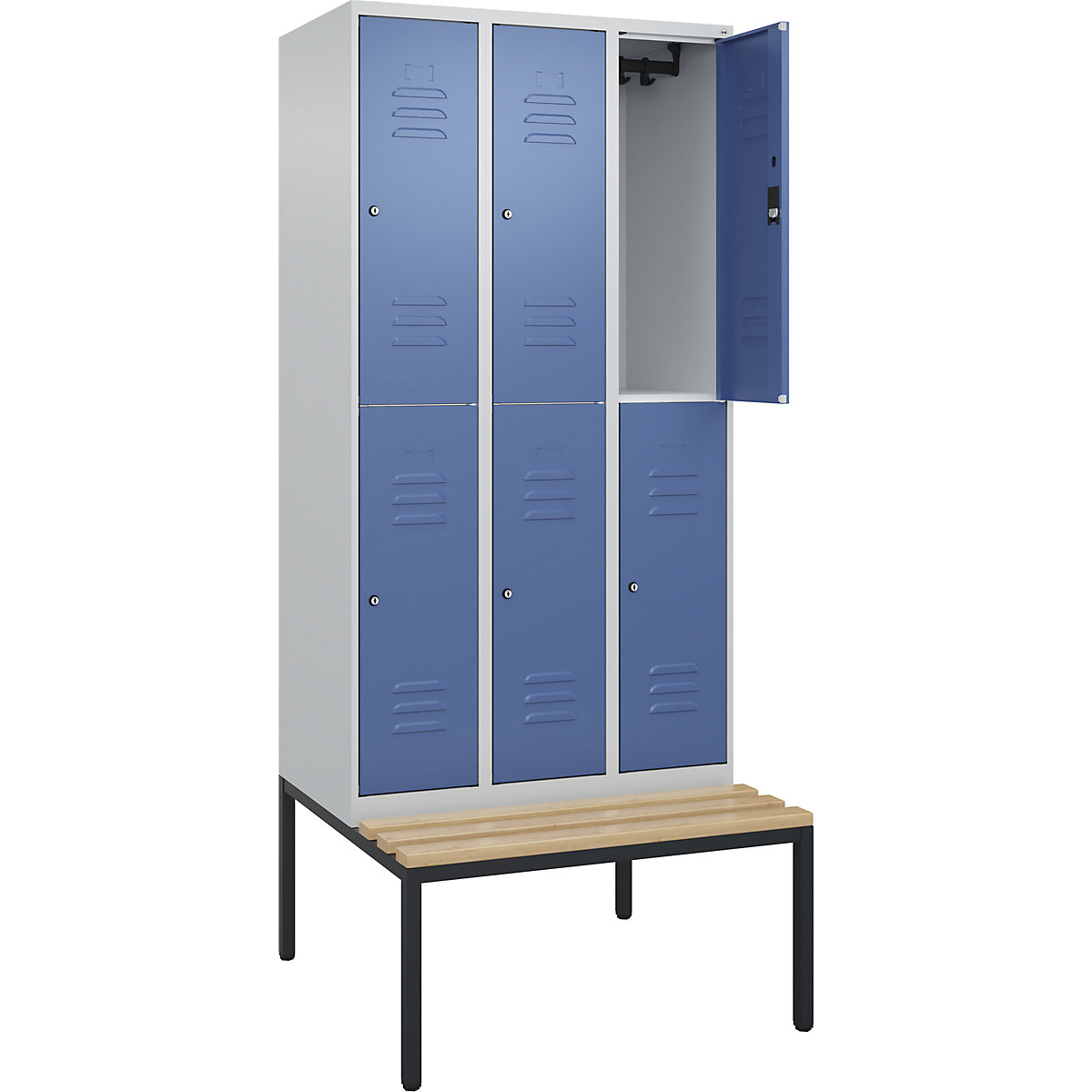 Armadietto a due piani Classic PLUS con panca – C+P, 3 scomparti, grigio chiaro / indaco, largh. 900 mm, serratura a cilindro, panca integrata, legno duro di faggio-0