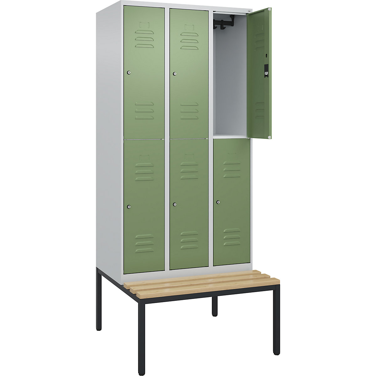 Armadietto a due piani Classic PLUS con panca – C+P, 3 scomparti, grigio chiaro / verde reseda, largh. 900 mm, serratura a cilindro, panca integrata, legno duro di faggio-0
