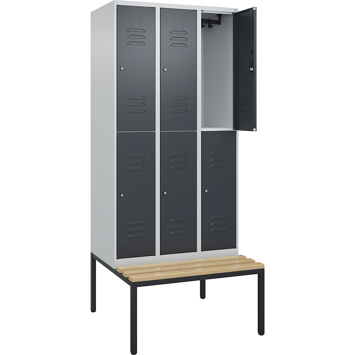 Armadietto a due piani Classic PLUS con panca – C+P, 3 scomparti, grigio chiaro / grigio, largh. 900 mm, serratura a cilindro, panca integrata, legno duro di faggio-0