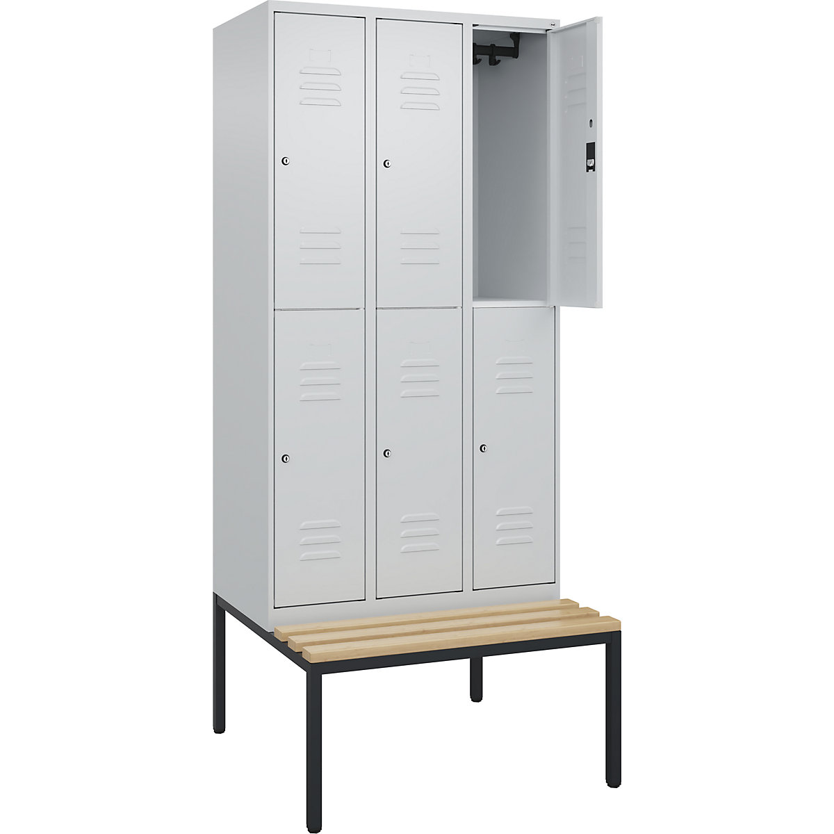 Armadietto a due piani Classic PLUS con panca – C+P, 3 scomparti, grigio chiaro, largh. 900 mm, serratura a cilindro, panca integrata, legno duro di faggio-0