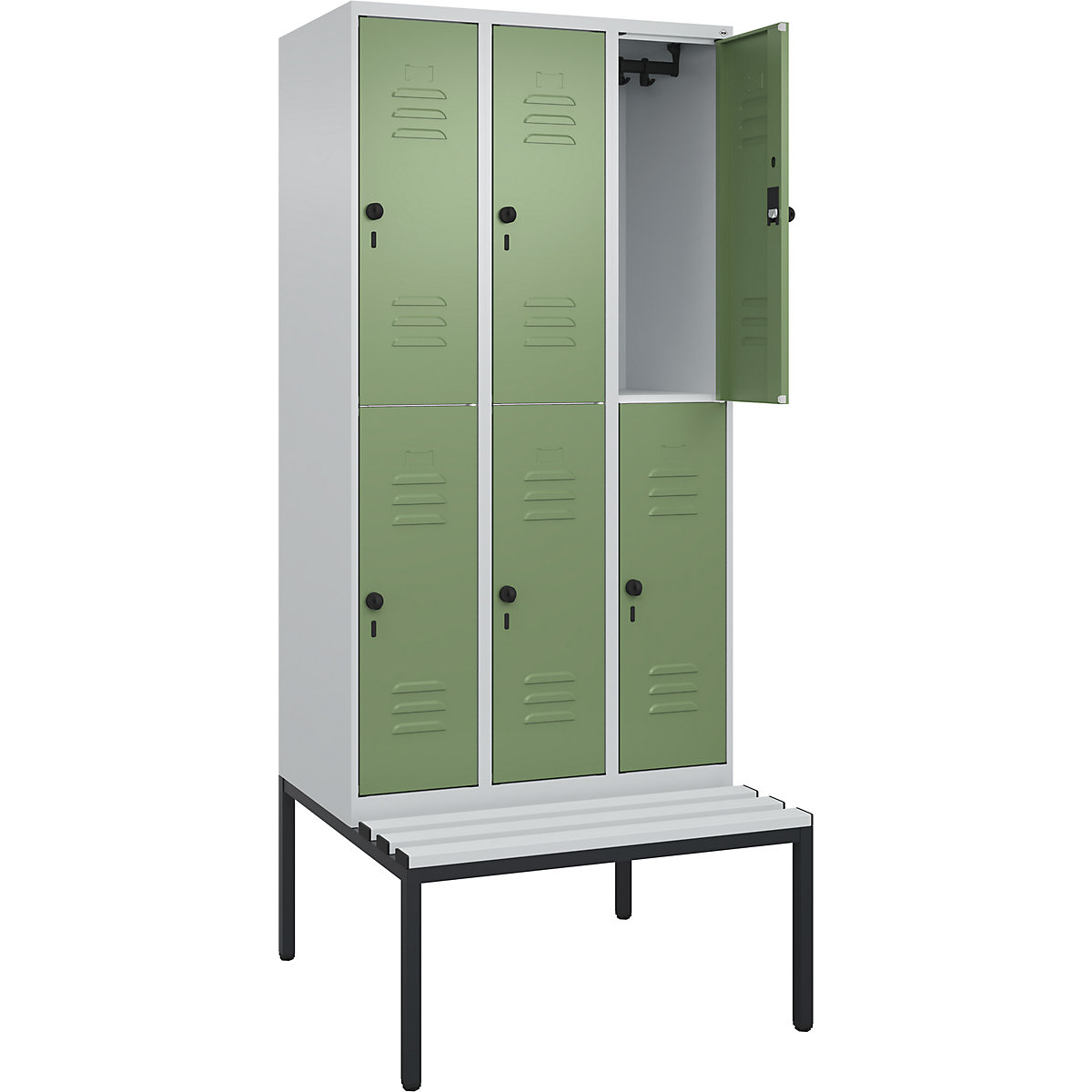 Armadietto a due piani Classic PLUS con panca – C+P, 3 scomparti, grigio chiaro / verde reseda, largh. 900 mm, serratura girevole di sicurezza, panca integrata, plastica-0