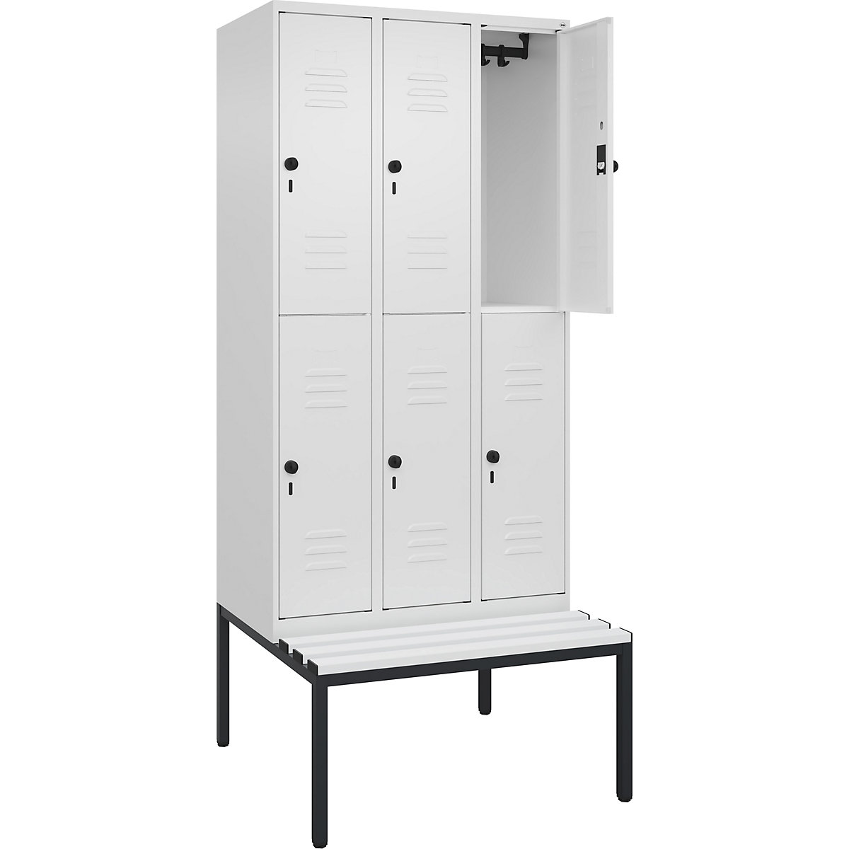 Armadietto a due piani Classic PLUS con panca – C+P, 3 scomparti, bianco traffico, largh. 900 mm, serratura girevole di sicurezza, panca integrata, plastica-0