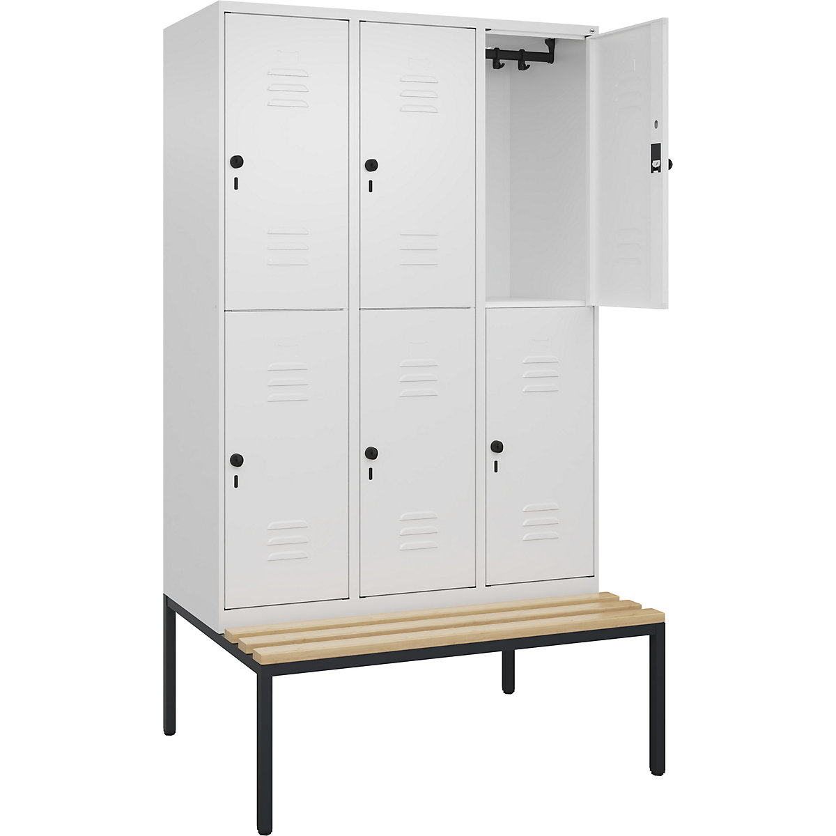 Armadietto a due piani Classic PLUS con panca – C+P, 3 scomparti, bianco traffico, largh. 1200 mm, serratura girevole di sicurezza, panca integrata, legno duro di faggio-0