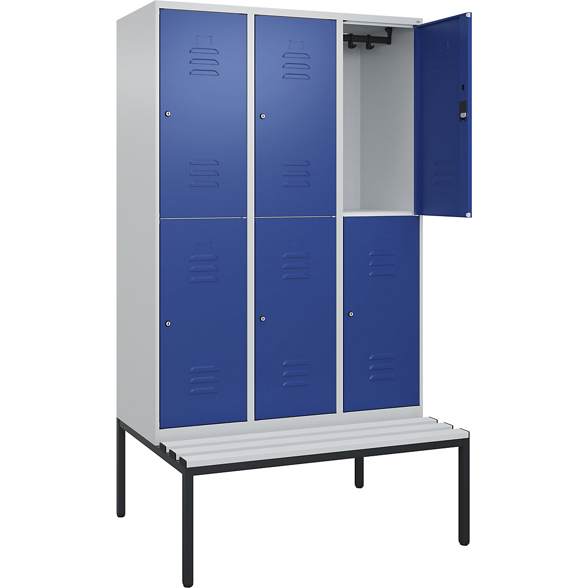 Armadietto a due piani Classic PLUS con panca – C+P, 3 scomparti, grigio chiaro / blu genziana, largh. 1200 mm, serratura a cilindro, panca integrata, plastica-0