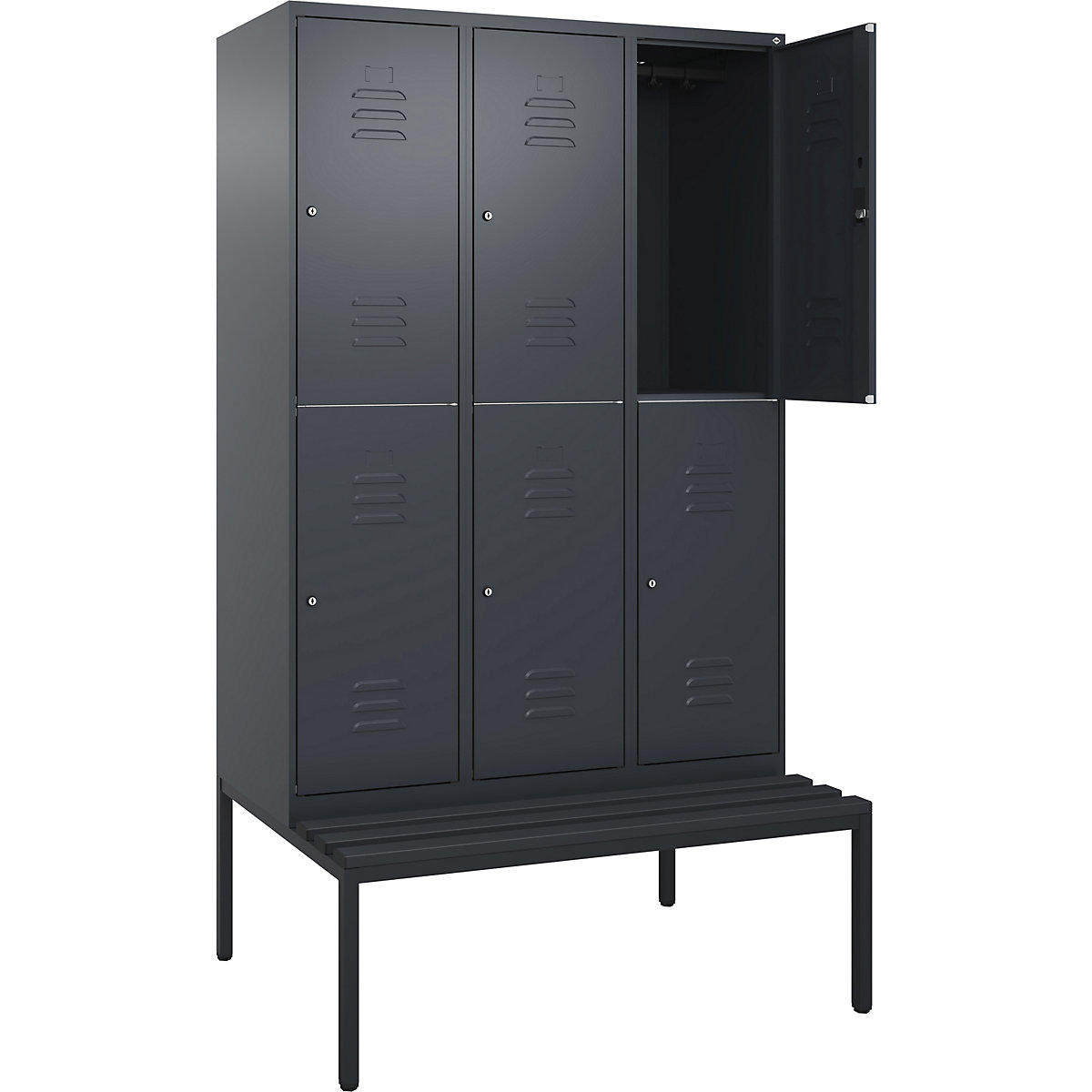 Armadietto a due piani Classic PLUS con panca – C+P, 3 scomparti, grigio, largh. 1200 mm, serratura a cilindro, panca integrata, plastica-0