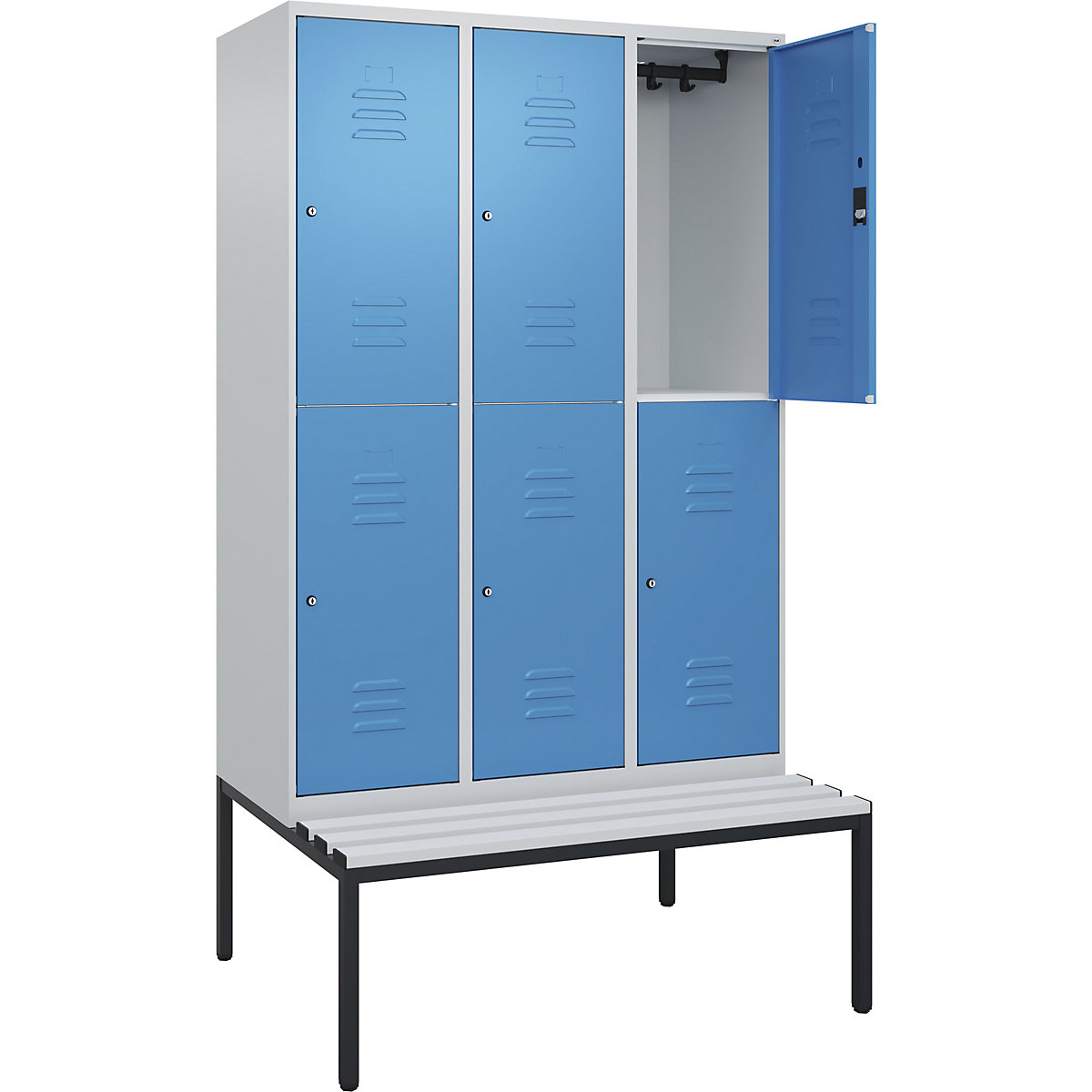 Armadietto a due piani Classic PLUS con panca – C+P, 3 scomparti, grigio chiaro / blu chiaro, largh. 1200 mm, serratura a cilindro, panca integrata, plastica-0