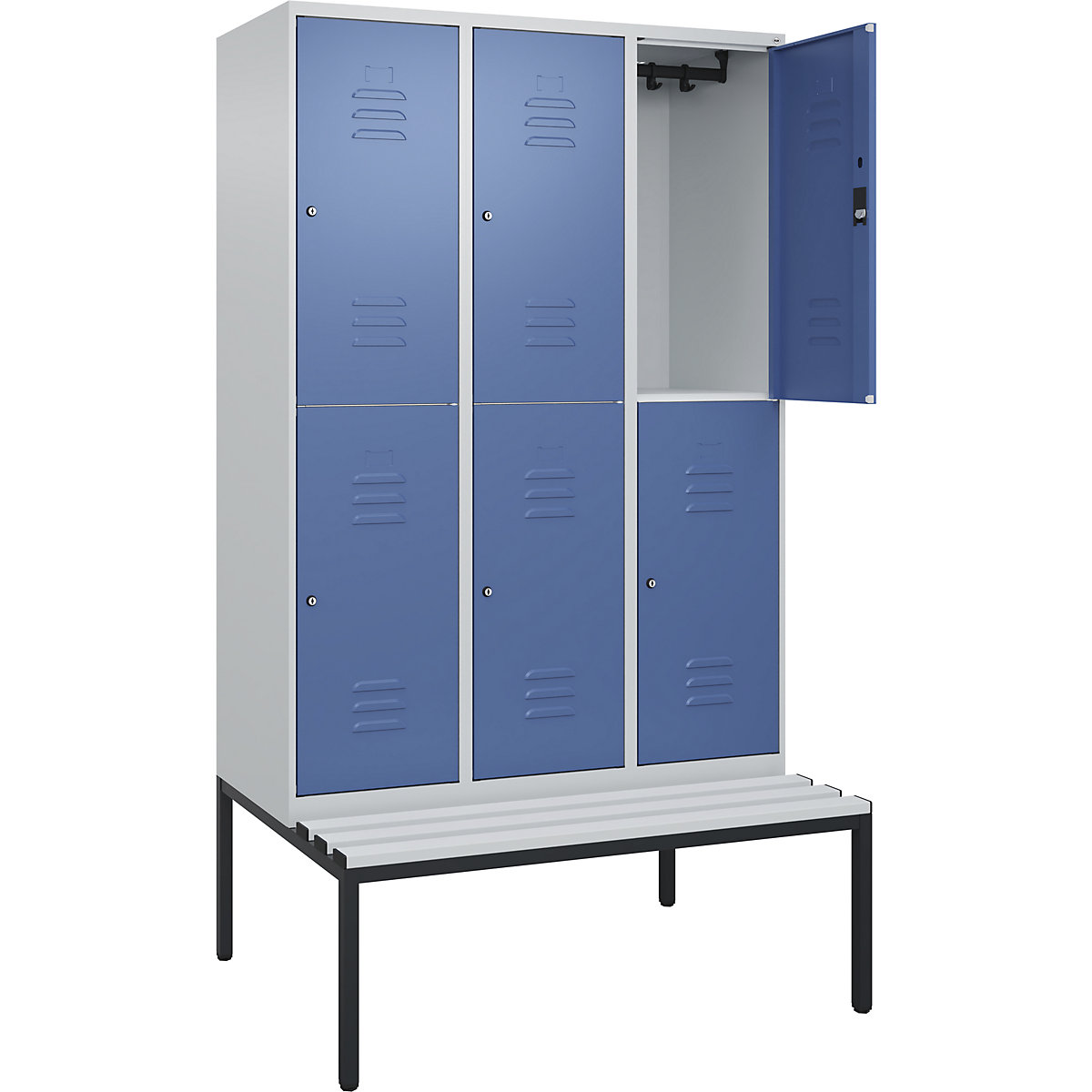 Armadietto a due piani Classic PLUS con panca – C+P, 3 scomparti, grigio chiaro / indaco, largh. 1200 mm, serratura a cilindro, panca integrata, plastica-0