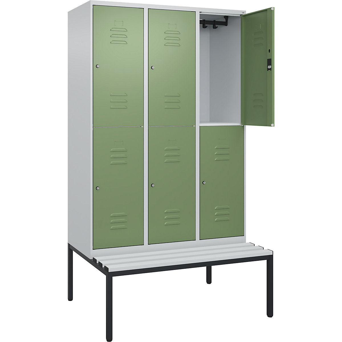 Armadietto a due piani Classic PLUS con panca – C+P, 3 scomparti, grigio chiaro / verde reseda, largh. 1200 mm, serratura a cilindro, panca integrata, plastica-0