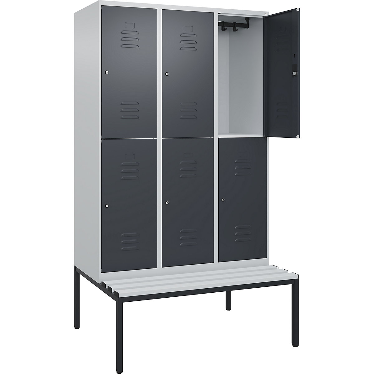 Armadietto a due piani Classic PLUS con panca – C+P, 3 scomparti, grigio chiaro / grigio, largh. 1200 mm, serratura a cilindro, panca integrata, plastica-0