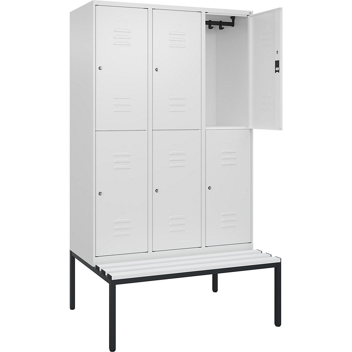 Armadietto a due piani Classic PLUS con panca – C+P, 3 scomparti, bianco traffico, largh. 1200 mm, serratura a cilindro, panca integrata, plastica-0