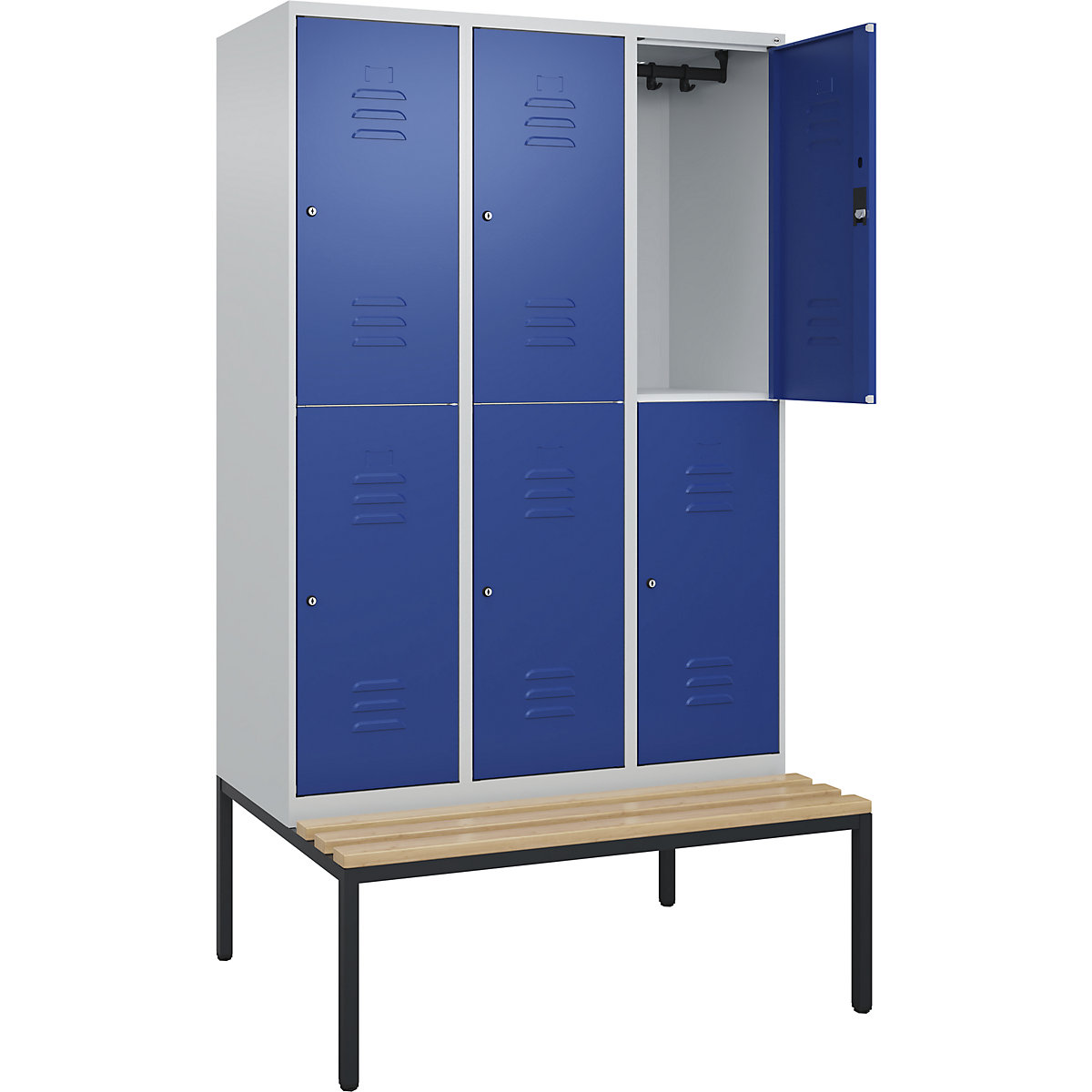 Armadietto a due piani Classic PLUS con panca – C+P, 3 scomparti, grigio chiaro / blu genziana, largh. 1200 mm, serratura a cilindro, panca integrata, legno duro di faggio-0