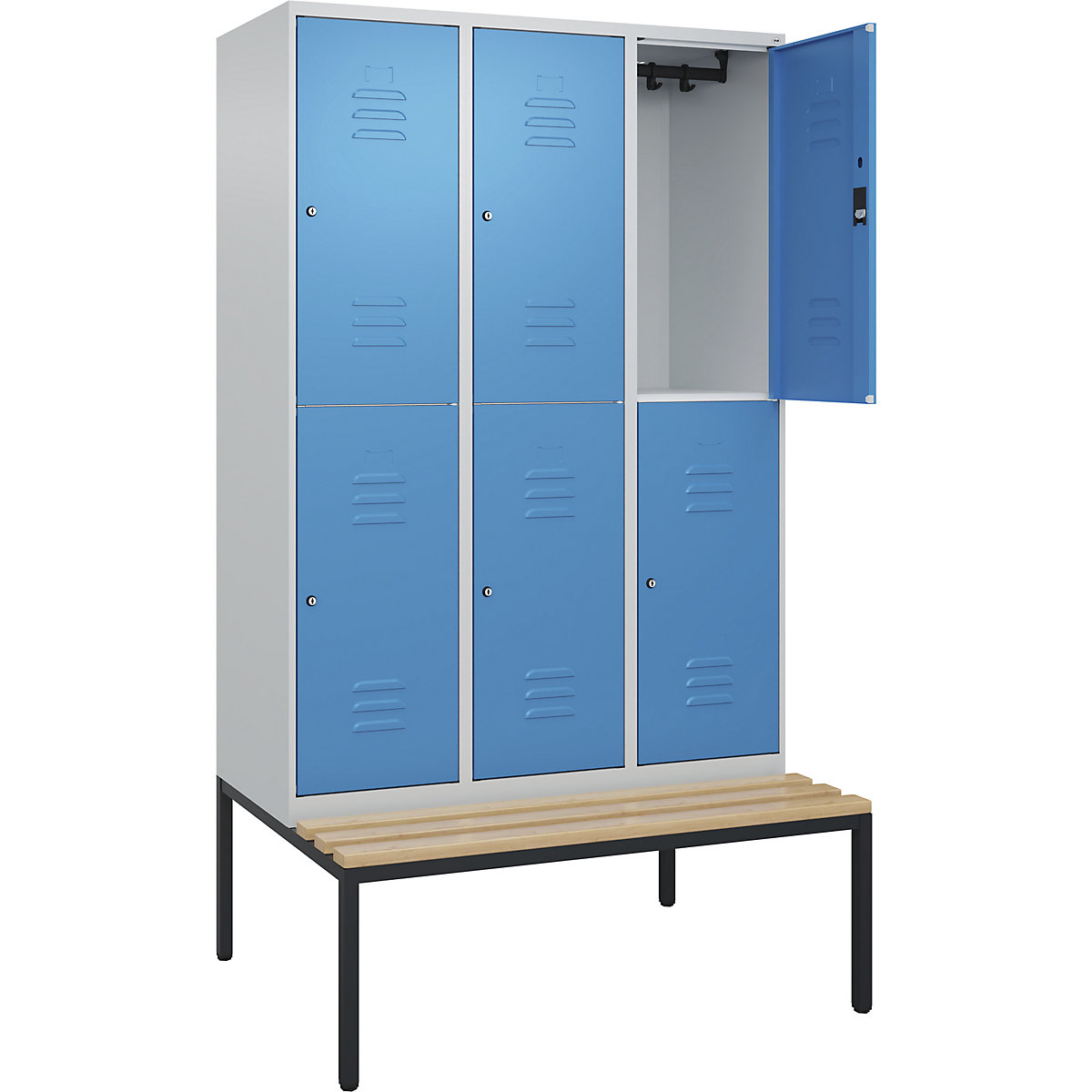 Armadietto a due piani Classic PLUS con panca – C+P, 3 scomparti, grigio chiaro / blu chiaro, largh. 1200 mm, serratura a cilindro, panca integrata, legno duro di faggio-0