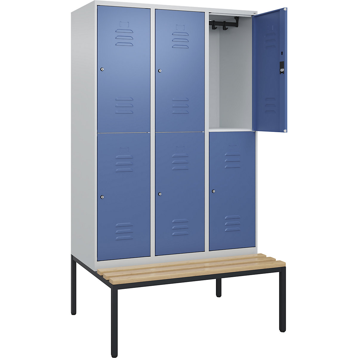 Armadietto a due piani Classic PLUS con panca – C+P, 3 scomparti, grigio chiaro / indaco, largh. 1200 mm, serratura a cilindro, panca integrata, legno duro di faggio-0