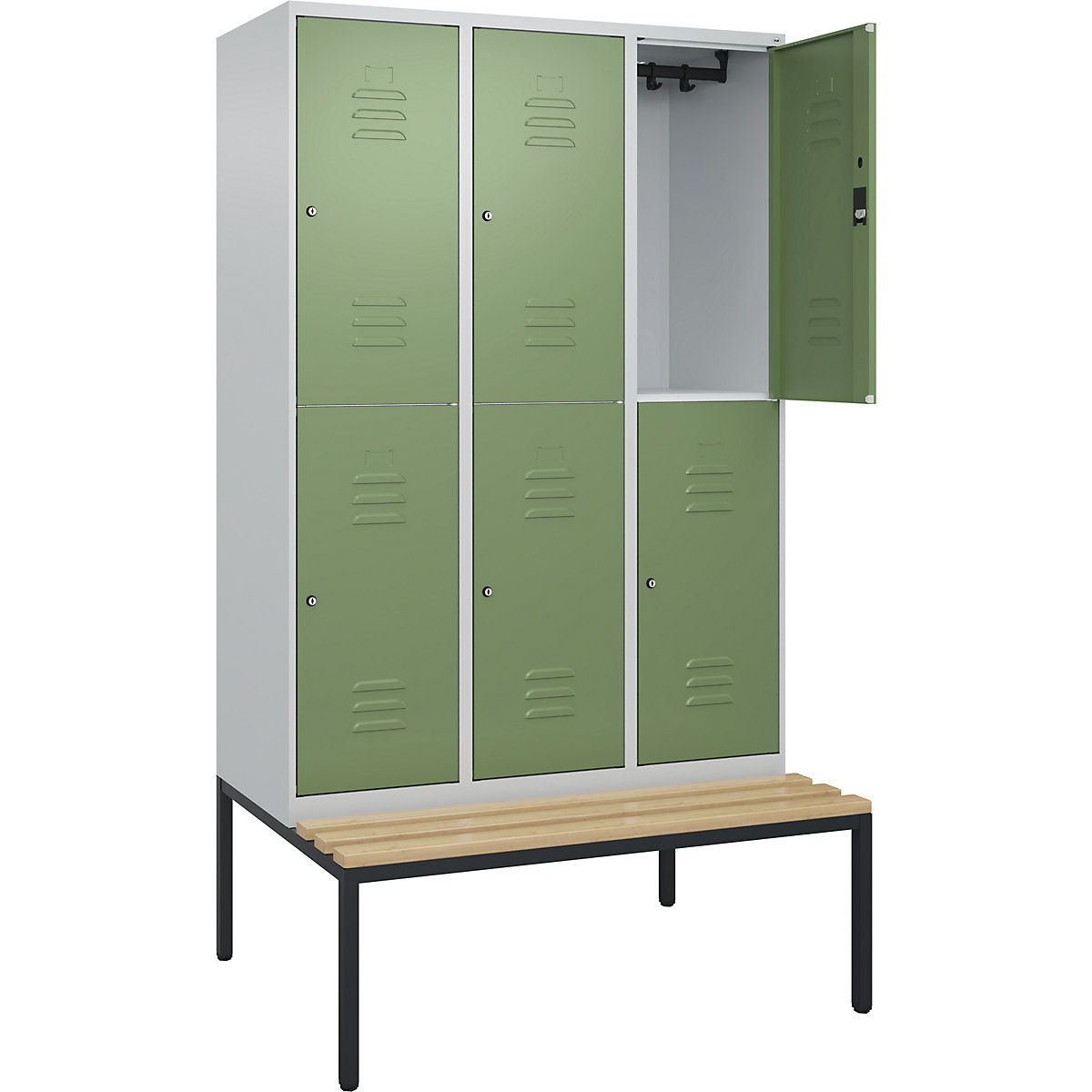 Armadietto a due piani Classic PLUS con panca – C+P, 3 scomparti, grigio chiaro / verde reseda, largh. 1200 mm, serratura a cilindro, panca integrata, legno duro di faggio-0
