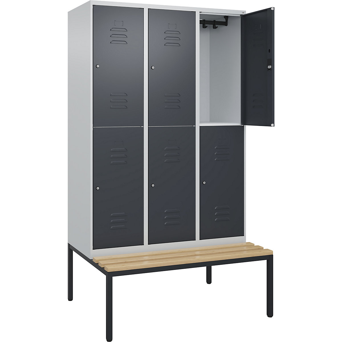 Armadietto a due piani Classic PLUS con panca – C+P, 3 scomparti, grigio chiaro / grigio, largh. 1200 mm, serratura a cilindro, panca integrata, legno duro di faggio-0