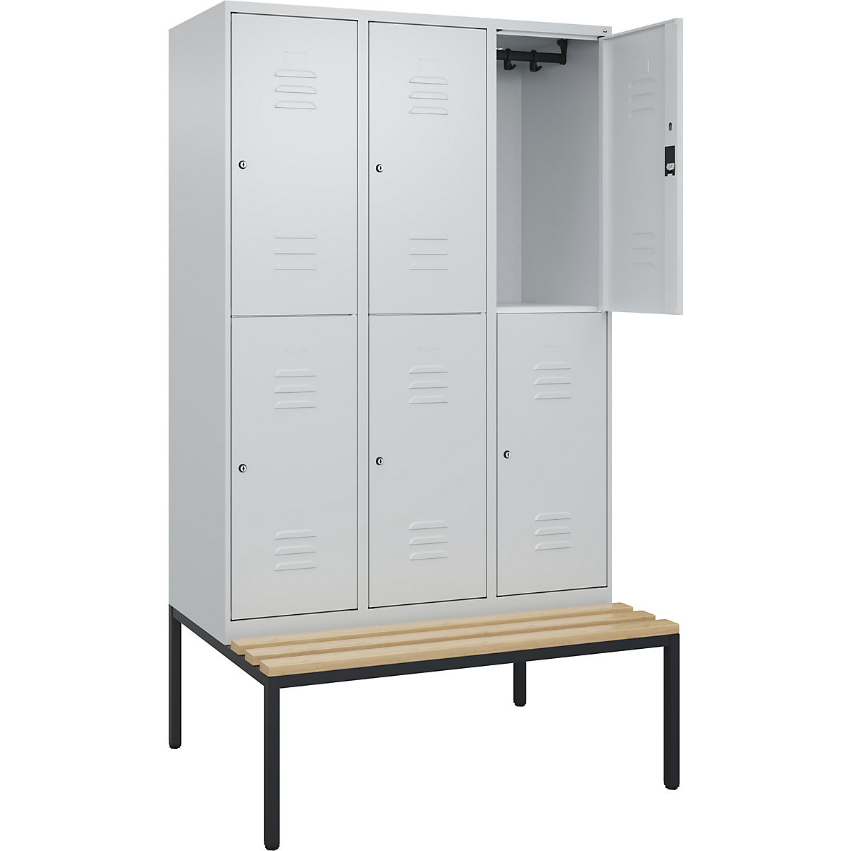 Armadietto a due piani Classic PLUS con panca – C+P, 3 scomparti, grigio chiaro, largh. 1200 mm, serratura a cilindro, panca integrata, legno duro di faggio-0