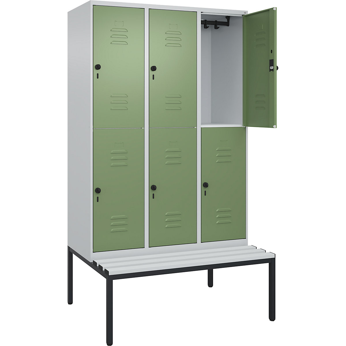 Armadietto a due piani Classic PLUS con panca – C+P, 3 scomparti, grigio chiaro / verde reseda, largh. 1200 mm, serratura girevole di sicurezza, panca integrata, plastica-0