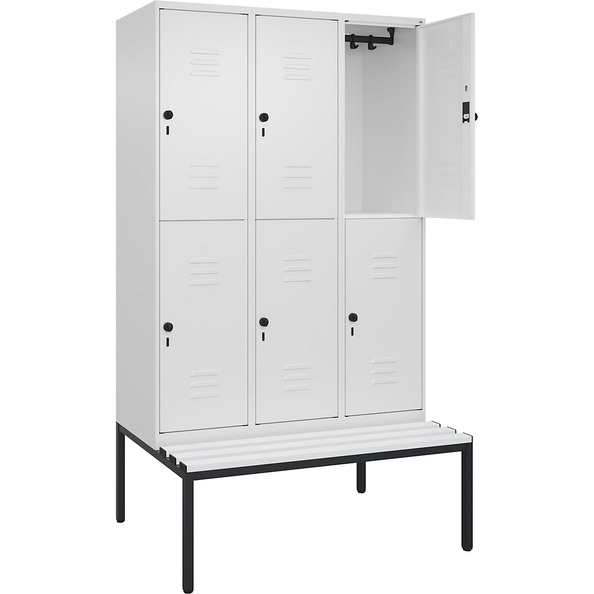 Armadietto a due piani Classic PLUS con panca – C+P, 3 scomparti, bianco traffico, largh. 1200 mm, serratura girevole di sicurezza, panca integrata, plastica-0