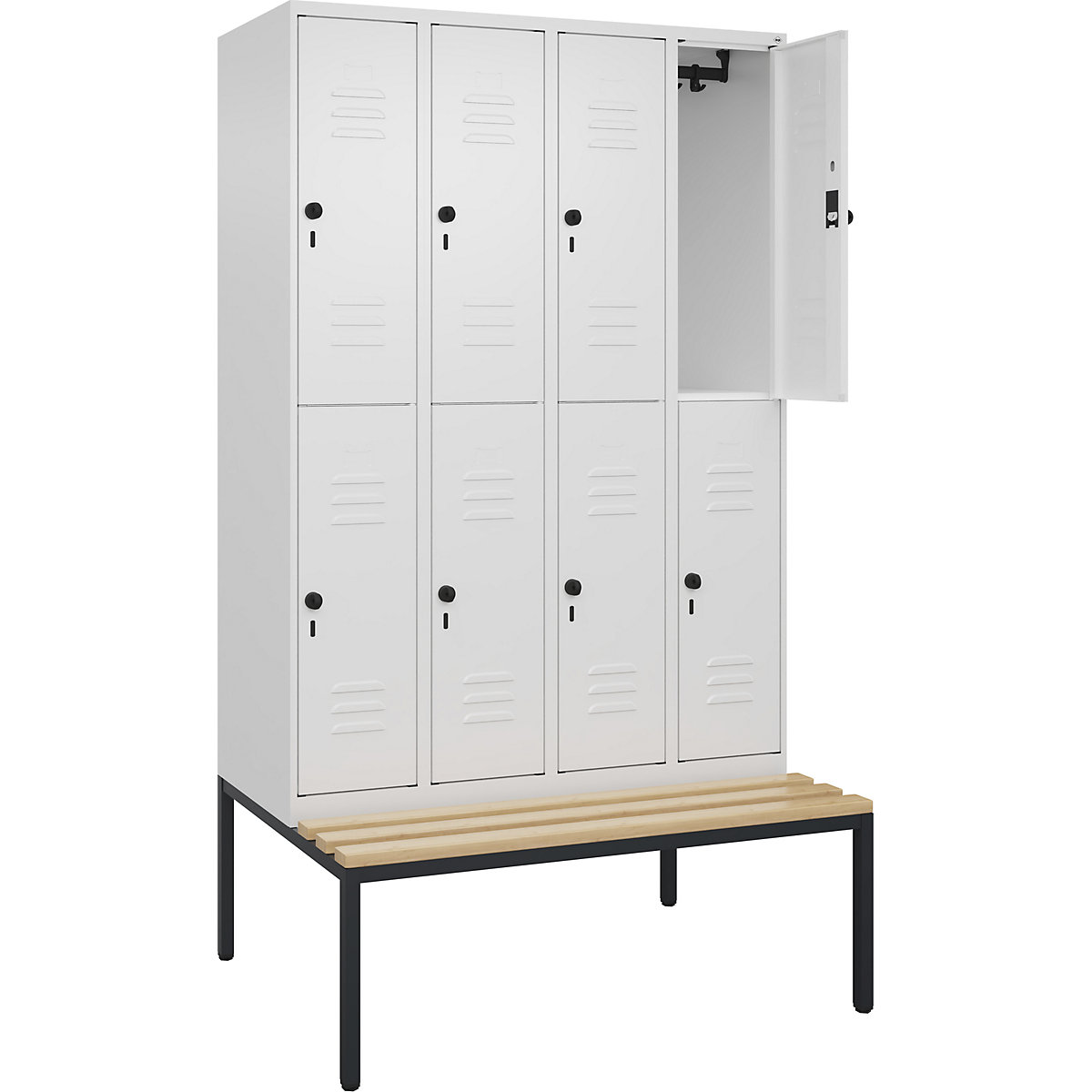 Armadietto a due piani Classic PLUS con panca – C+P, 4 scomparti, bianco traffico, largh. 1200 mm, serratura girevole di sicurezza, panca integrata, legno duro di faggio-0