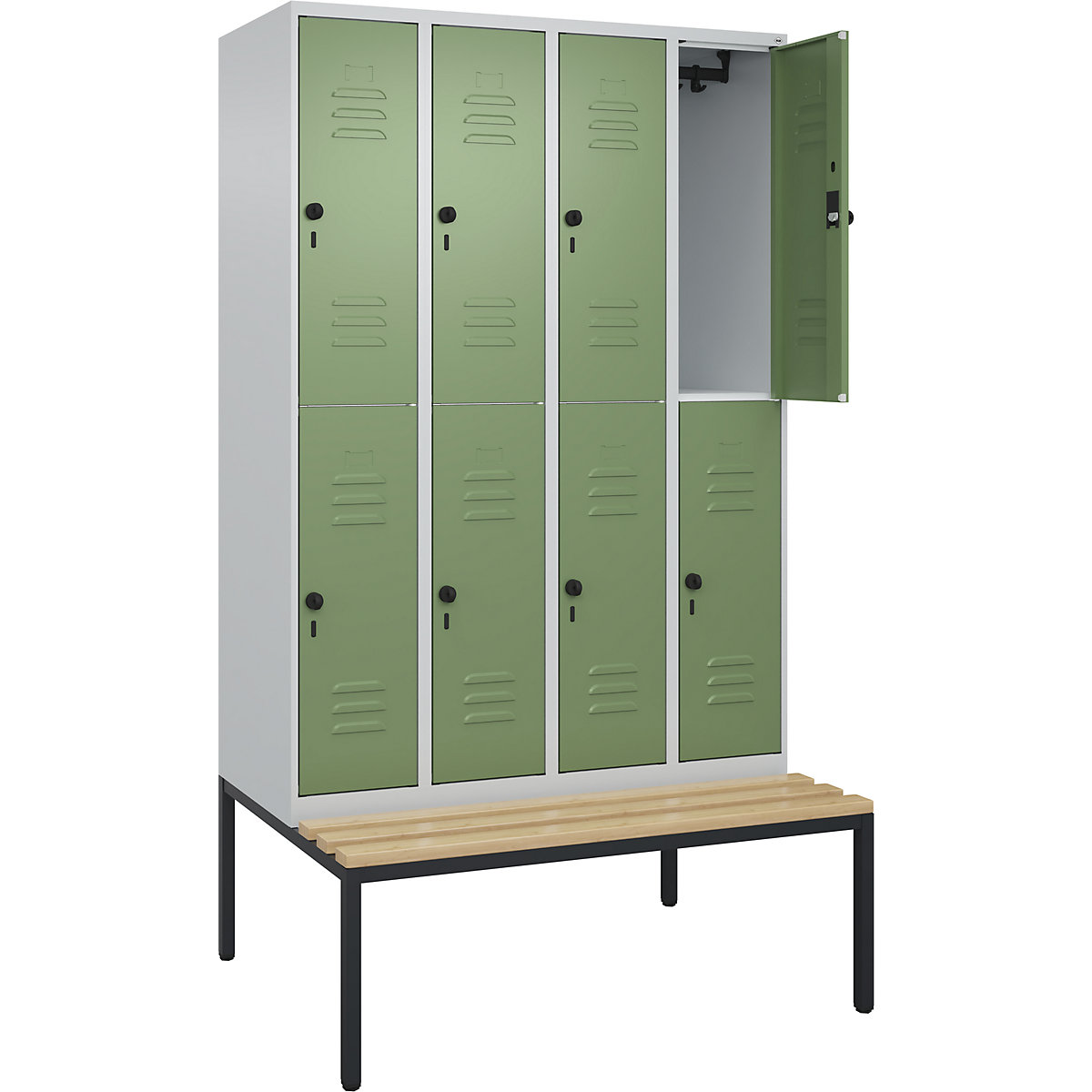 Armadietto a due piani Classic PLUS con panca – C+P, 4 scomparti, grigio chiaro / verde reseda, largh. 1200 mm, serratura girevole di sicurezza, panca integrata, legno duro di faggio-0
