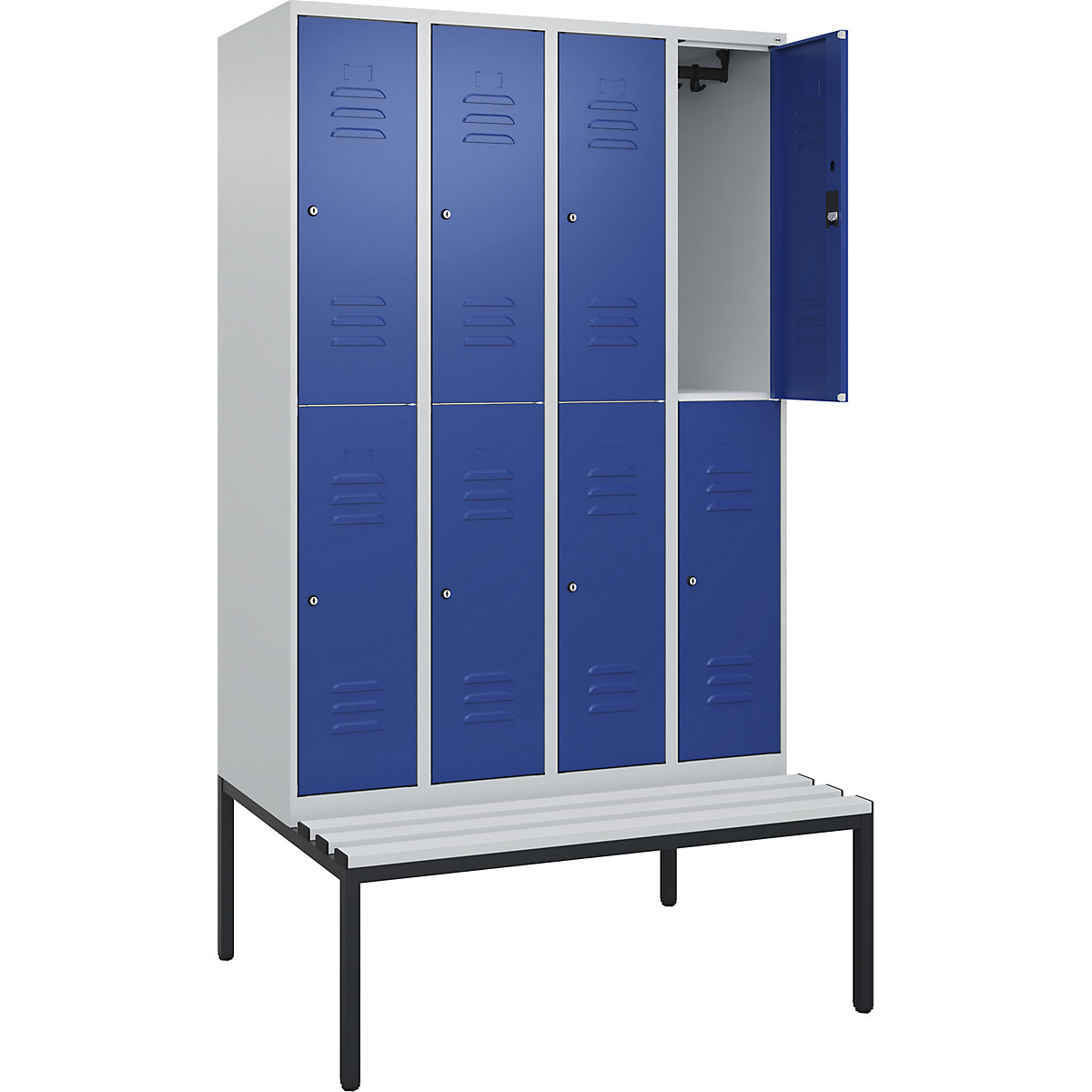 Armadietto a due piani Classic PLUS con panca – C+P, 4 scomparti, grigio chiaro / blu genziana, largh. 1200 mm, serratura a cilindro, panca integrata, plastica-0