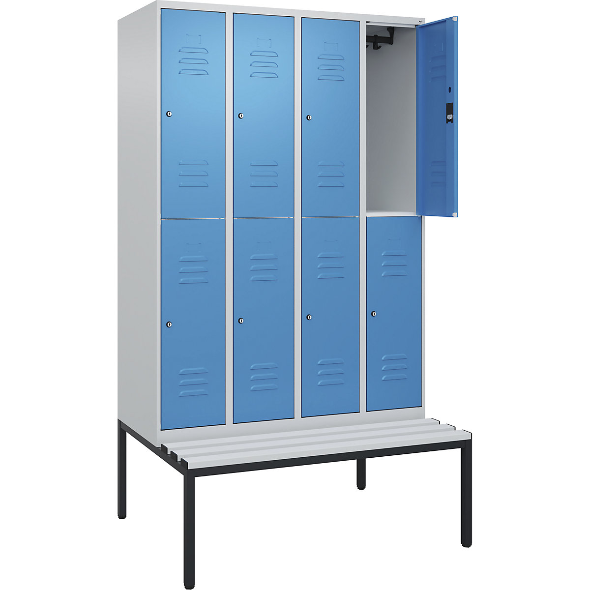 Armadietto a due piani Classic PLUS con panca – C+P, 4 scomparti, grigio chiaro / blu chiaro, largh. 1200 mm, serratura a cilindro, panca integrata, plastica-0