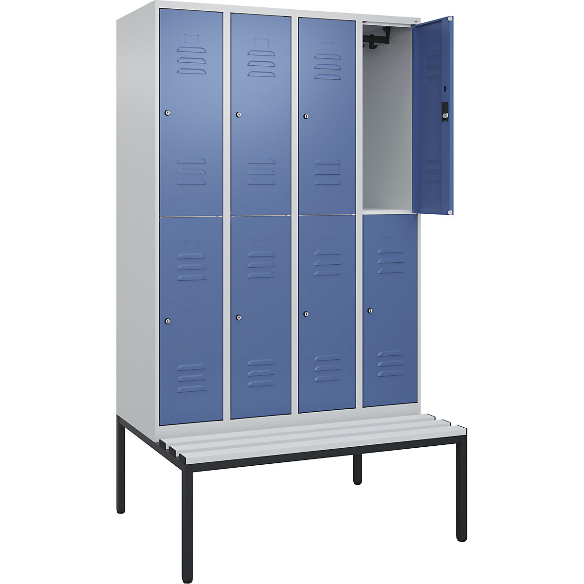 Armadietto a due piani Classic PLUS con panca – C+P, 4 scomparti, grigio chiaro / indaco, largh. 1200 mm, serratura a cilindro, panca integrata, plastica-0