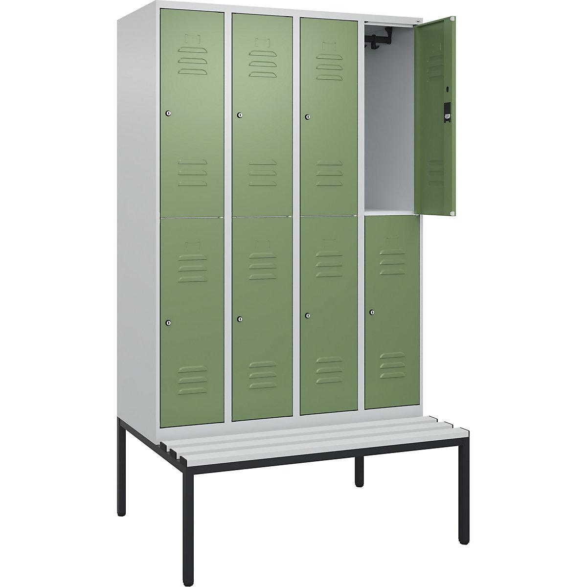 Armadietto a due piani Classic PLUS con panca – C+P, 4 scomparti, grigio chiaro / verde reseda, largh. 1200 mm, serratura a cilindro, panca integrata, plastica-0