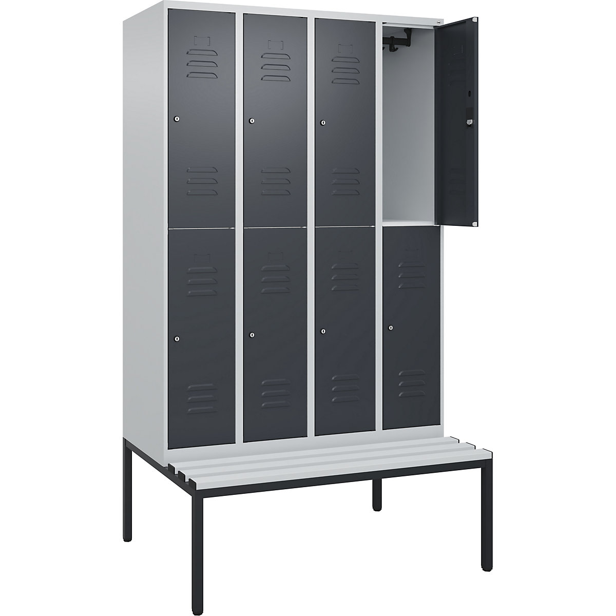 Armadietto a due piani Classic PLUS con panca – C+P, 4 scomparti, grigio chiaro / grigio, largh. 1200 mm, serratura a cilindro, panca integrata, plastica-0