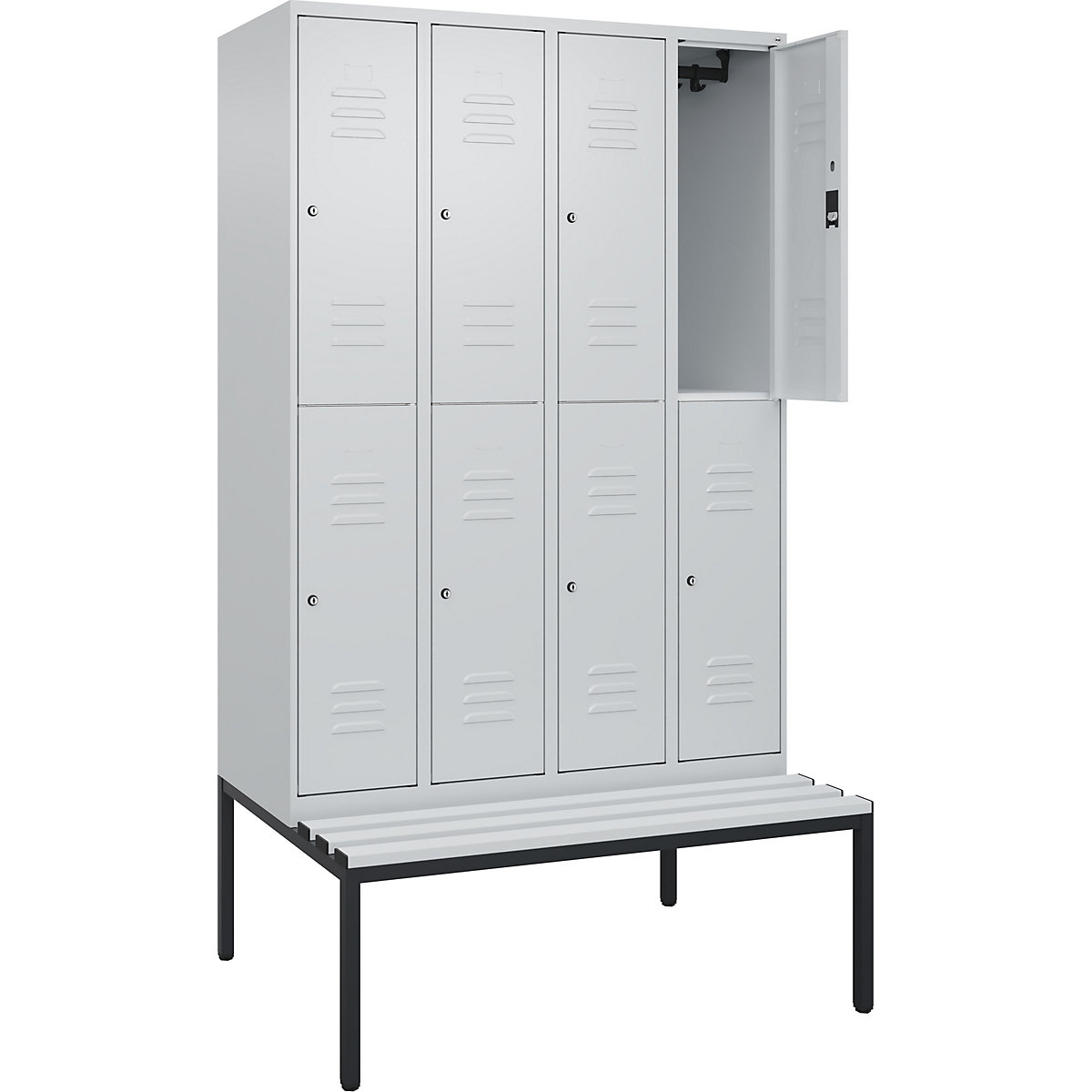 Armadietto a due piani Classic PLUS con panca – C+P, 4 scomparti, grigio chiaro, largh. 1200 mm, serratura a cilindro, panca integrata, plastica-0