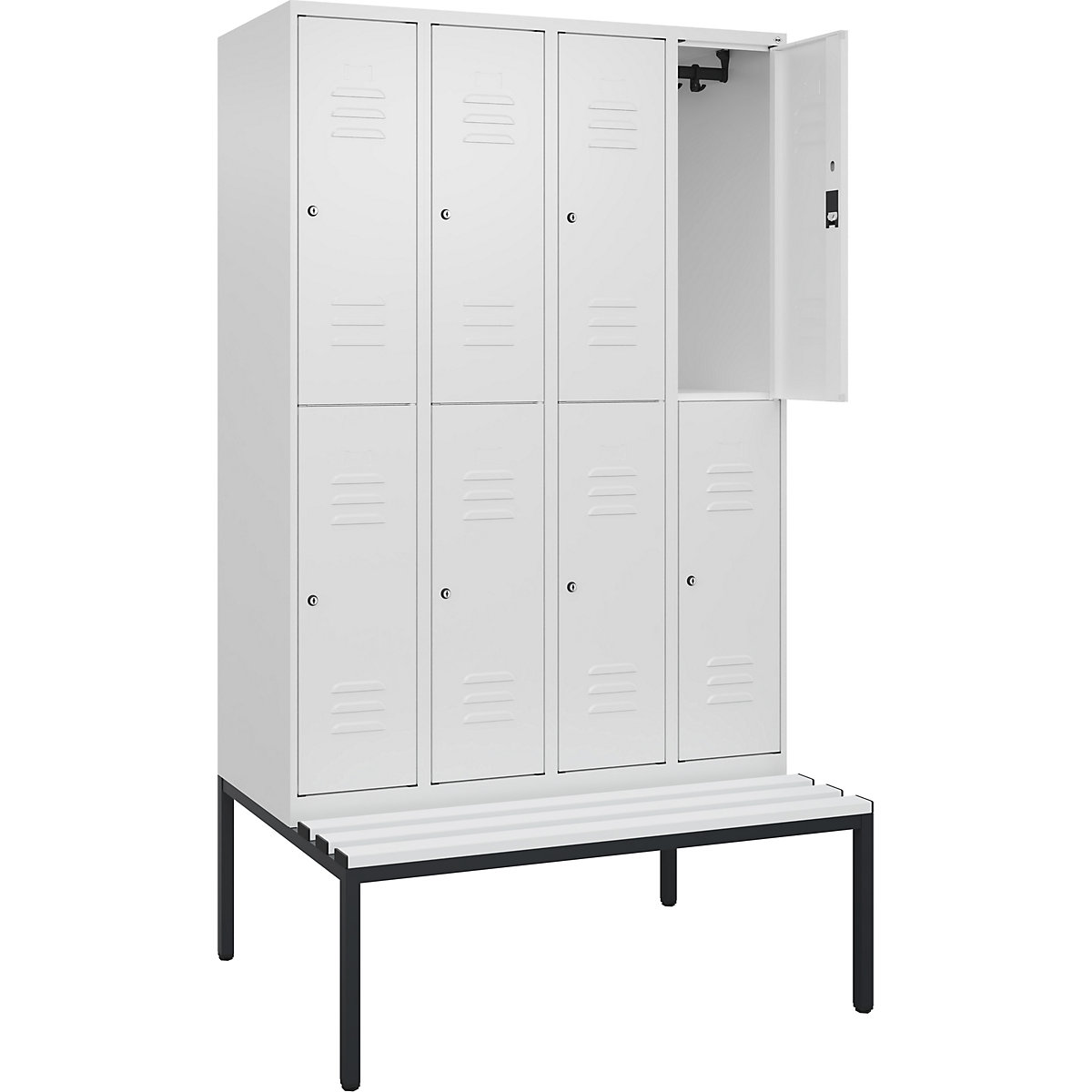 Armadietto a due piani Classic PLUS con panca – C+P, 4 scomparti, bianco traffico, largh. 1200 mm, serratura a cilindro, panca integrata, plastica-0
