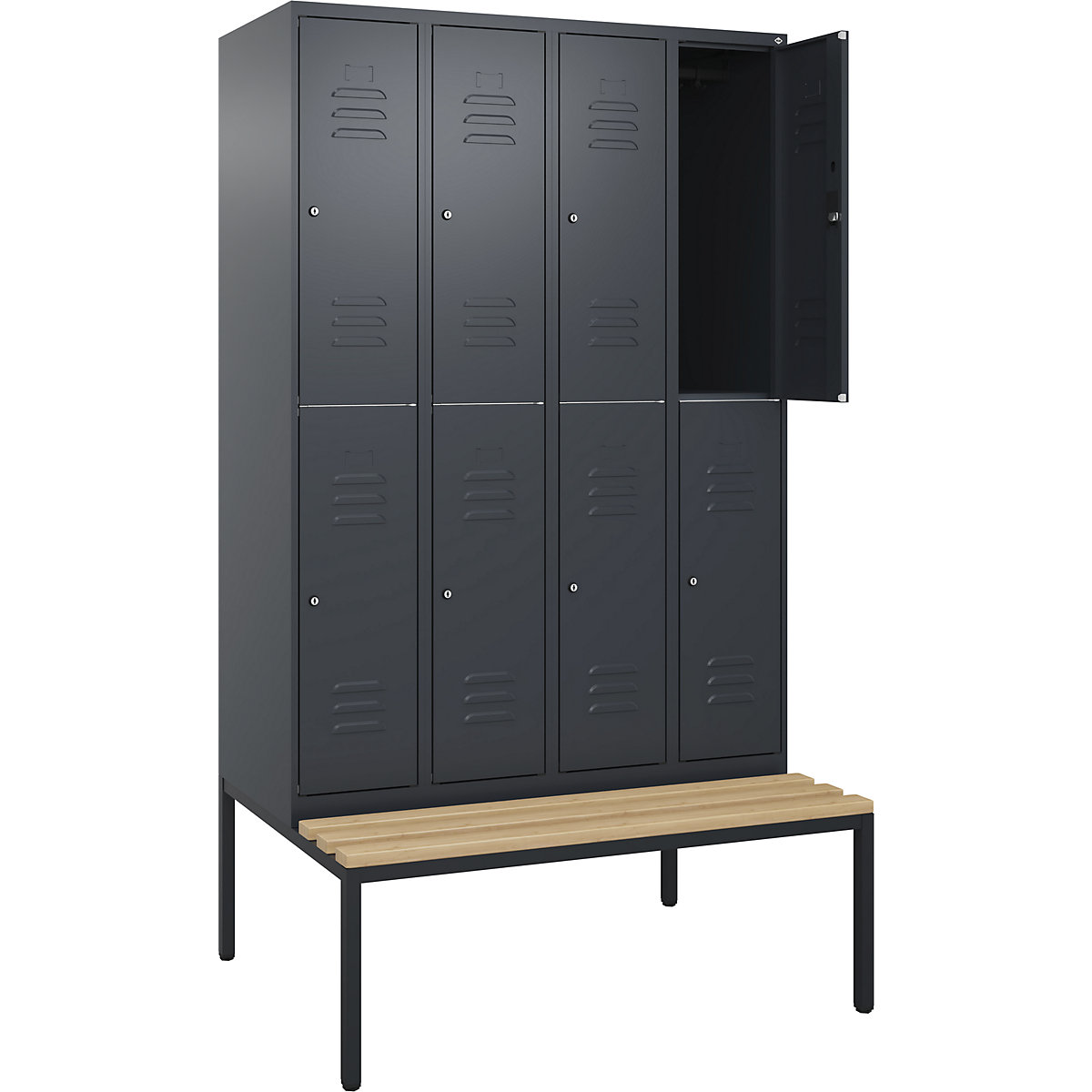 Armadietto a due piani Classic PLUS con panca – C+P, 4 scomparti, grigio, largh. 1200 mm, serratura a cilindro, panca integrata, legno duro di faggio-0