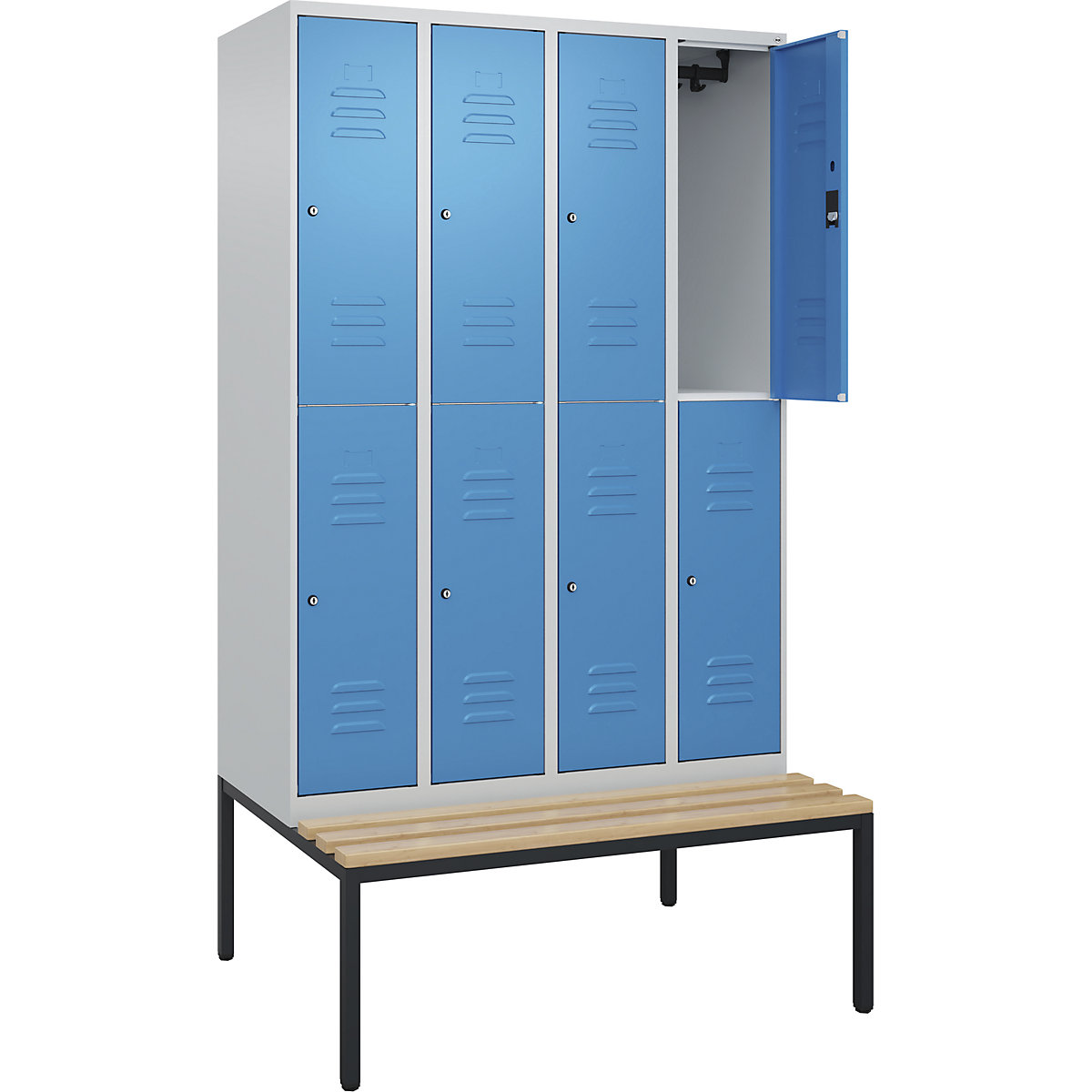 Armadietto a due piani Classic PLUS con panca – C+P, 4 scomparti, grigio chiaro / blu chiaro, largh. 1200 mm, serratura a cilindro, panca integrata, legno duro di faggio-0