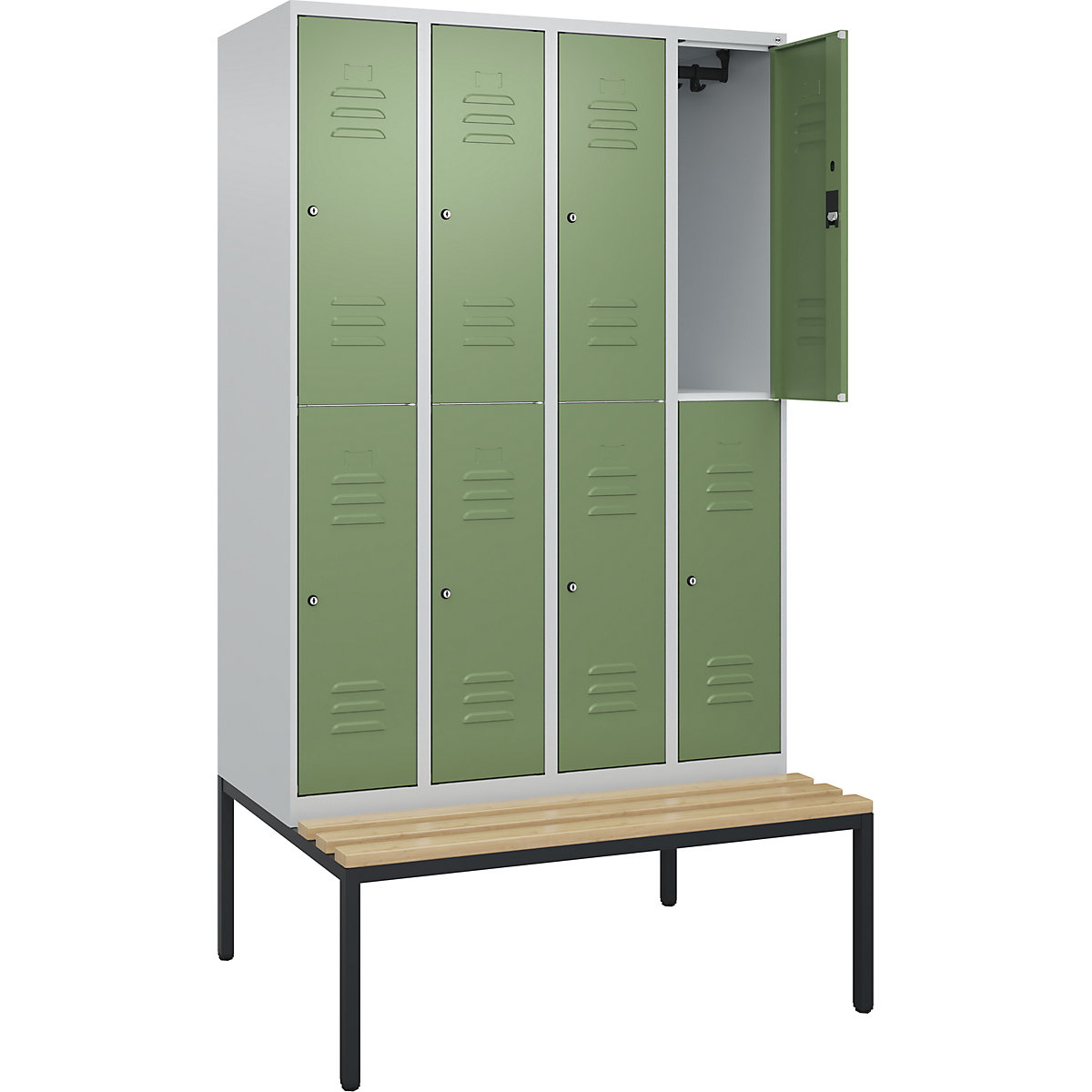 Armadietto a due piani Classic PLUS con panca – C+P, 4 scomparti, grigio chiaro / verde reseda, largh. 1200 mm, serratura a cilindro, panca integrata, legno duro di faggio-0