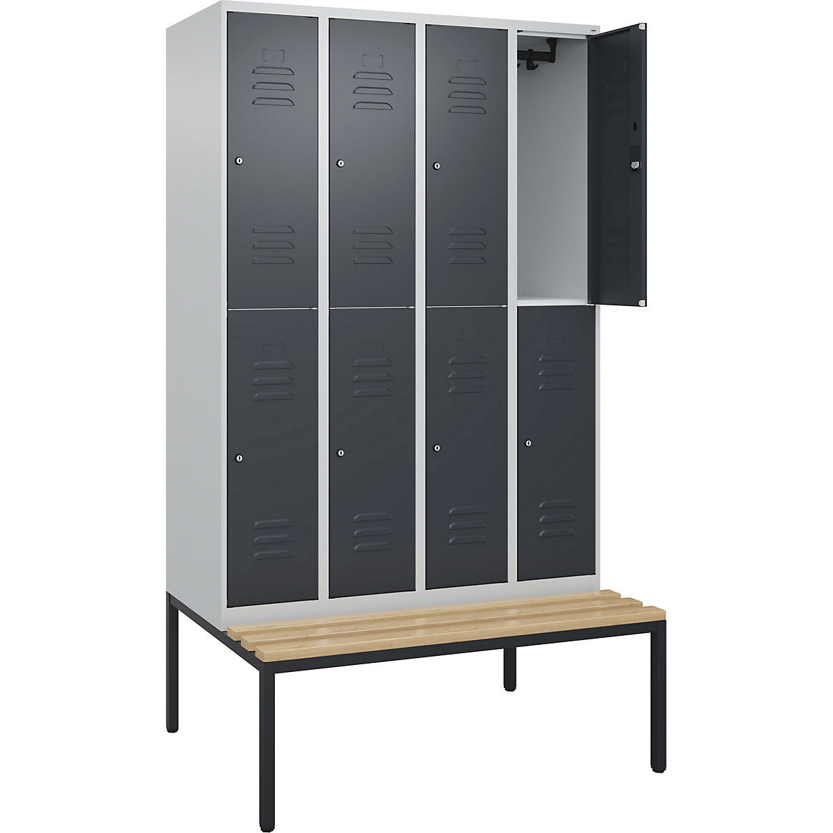 Armadietto a due piani Classic PLUS con panca – C+P, 4 scomparti, grigio chiaro / grigio, largh. 1200 mm, serratura a cilindro, panca integrata, legno duro di faggio-0