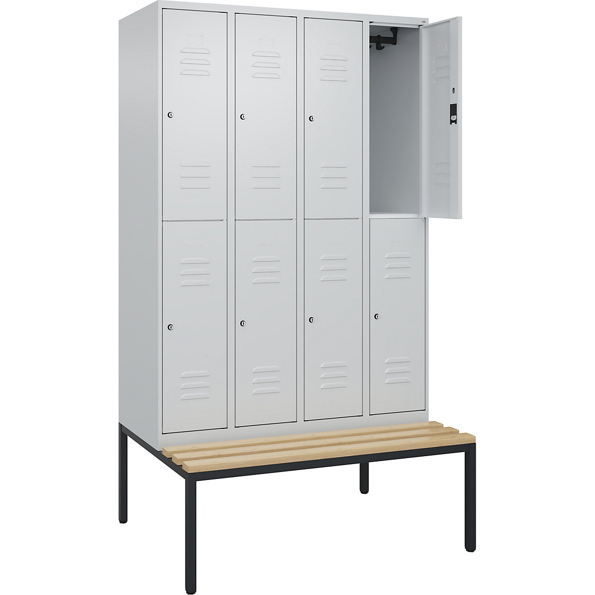 Armadietto a due piani Classic PLUS con panca – C+P, 4 scomparti, grigio chiaro, largh. 1200 mm, serratura a cilindro, panca integrata, legno duro di faggio-0