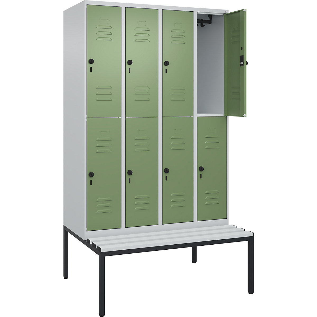 Armadietto a due piani Classic PLUS con panca – C+P, 4 scomparti, grigio chiaro / verde reseda, largh. 1200 mm, serratura girevole di sicurezza, panca integrata, plastica-0