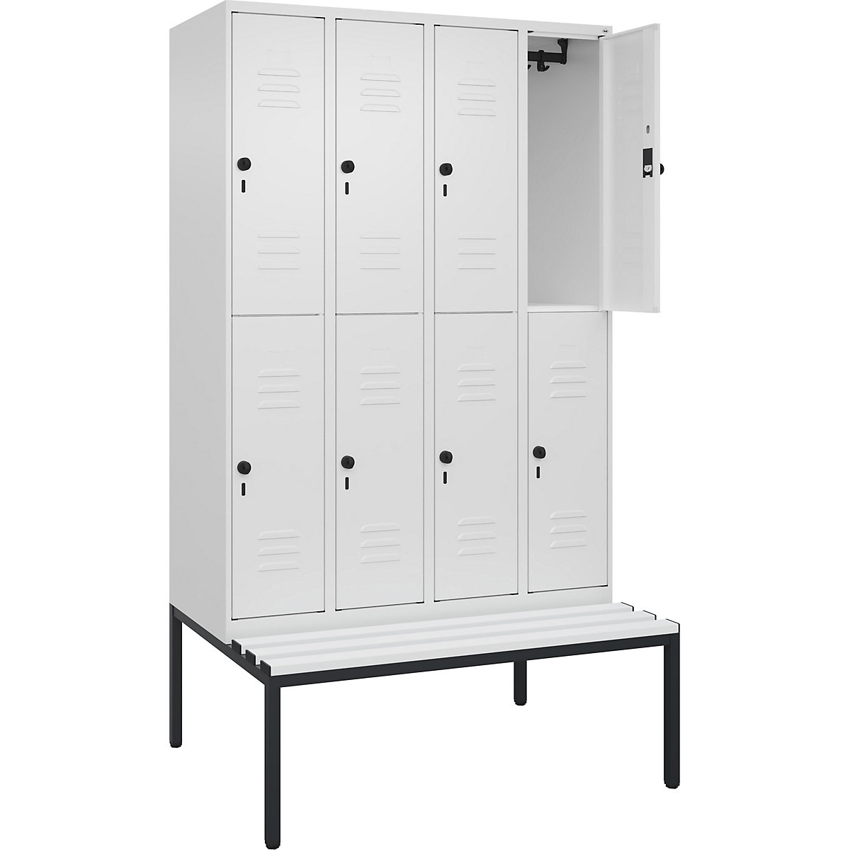 Armadietto a due piani Classic PLUS con panca – C+P, 4 scomparti, bianco traffico, largh. 1200 mm, serratura girevole di sicurezza, panca integrata, plastica-0