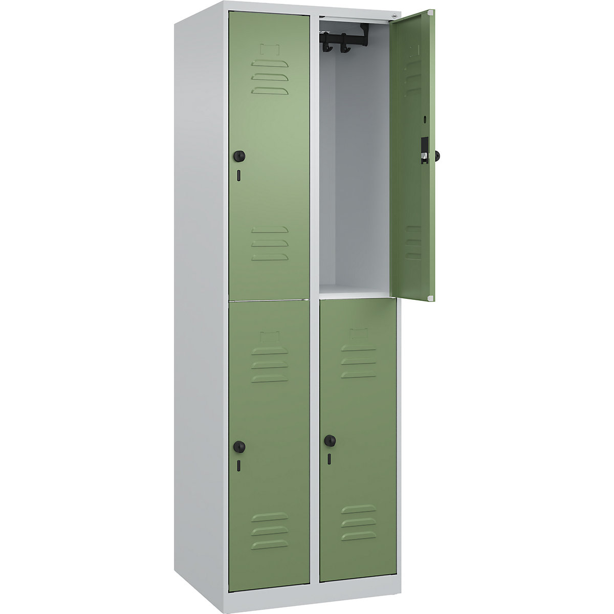 Armadietto a due piani Classic PLUS – C+P, 2 scomparti, grigio chiaro / verde reseda, alt. x largh. 1850 x 600 mm, con piedini a pavimento, serratura girevole-0