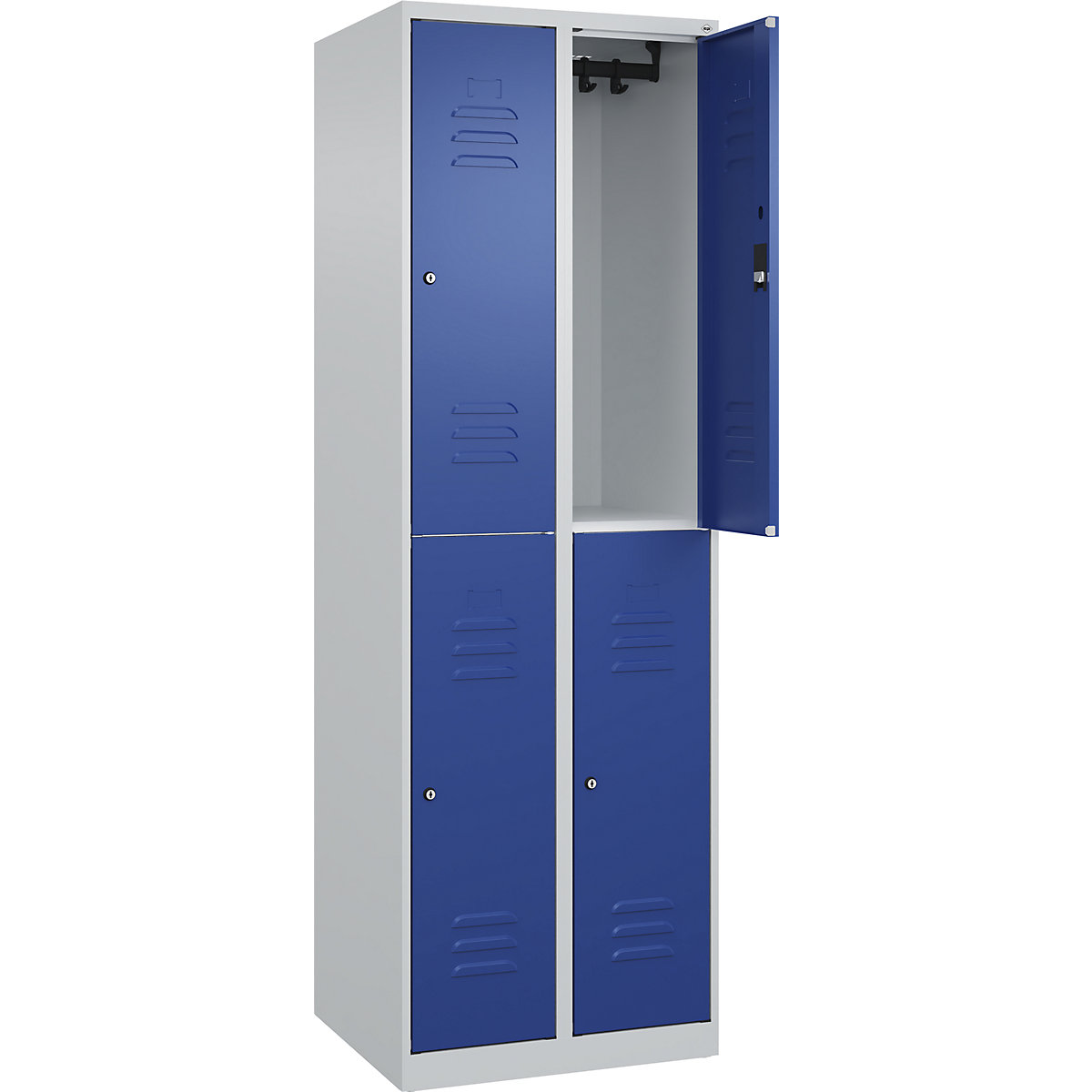Armadietto a due piani Classic PLUS – C+P, 2 scomparti, grigio chiaro / blu genziana, alt. x largh. 1850 x 600 mm, con piedini a pavimento, serratura a cilindro-0