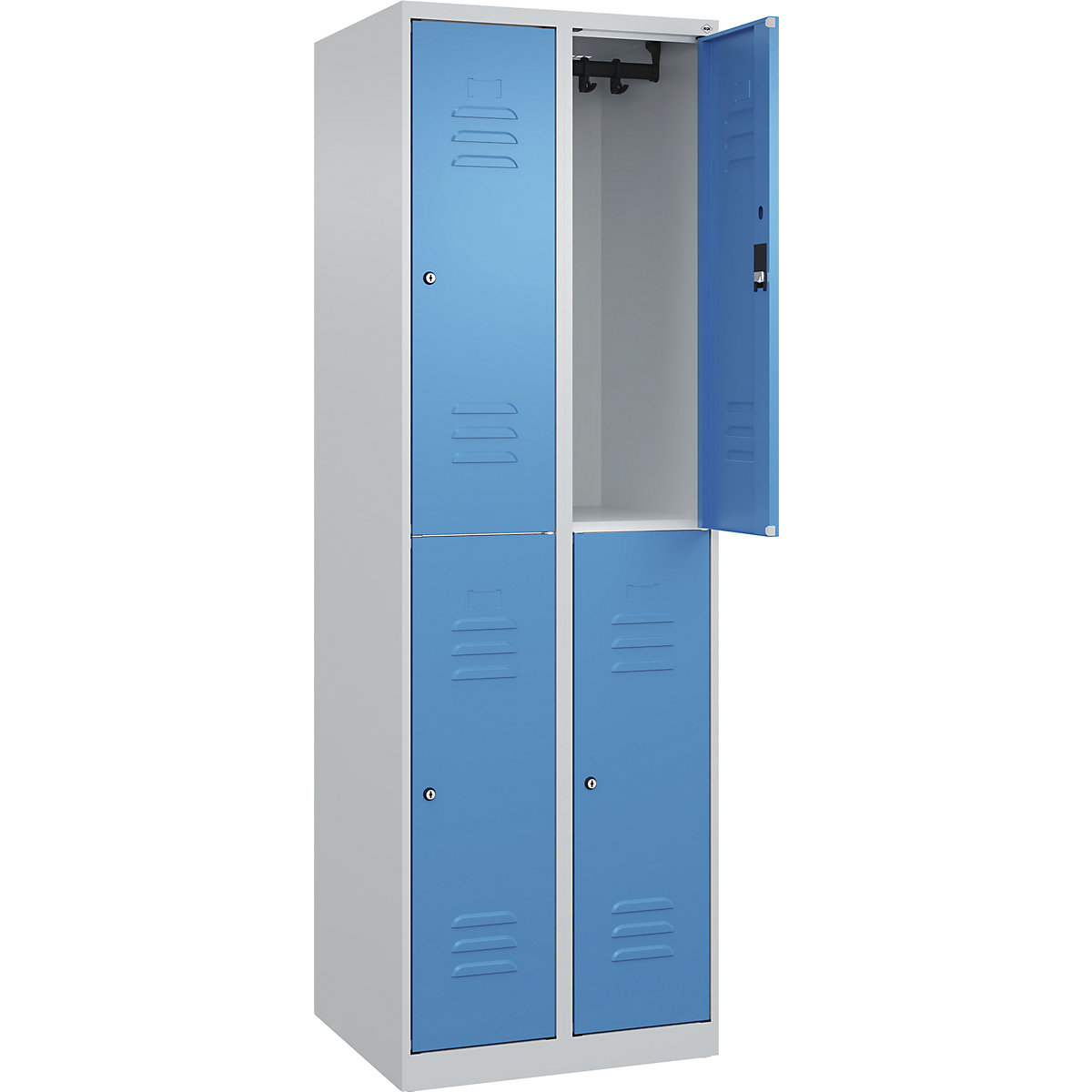 Armadietto a due piani Classic PLUS – C+P, 2 scomparti, grigio chiaro / blu chiaro, alt. x largh. 1850 x 600 mm, con piedini a pavimento, serratura a cilindro-0