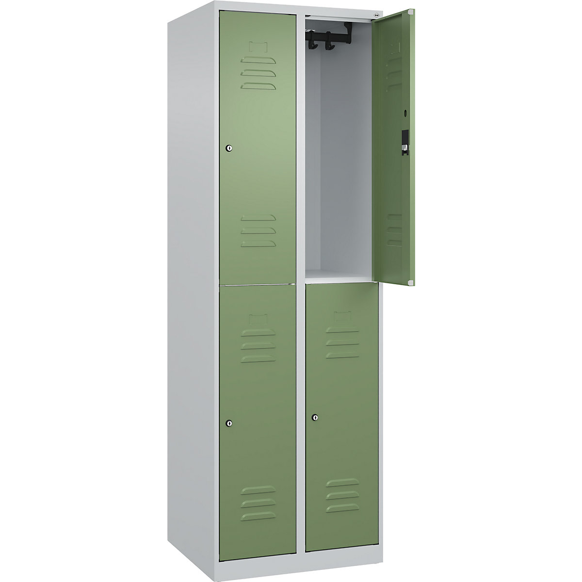Armadietto a due piani Classic PLUS – C+P, 2 scomparti, grigio chiaro / verde reseda, alt. x largh. 1850 x 600 mm, con piedini a pavimento, serratura a cilindro-0