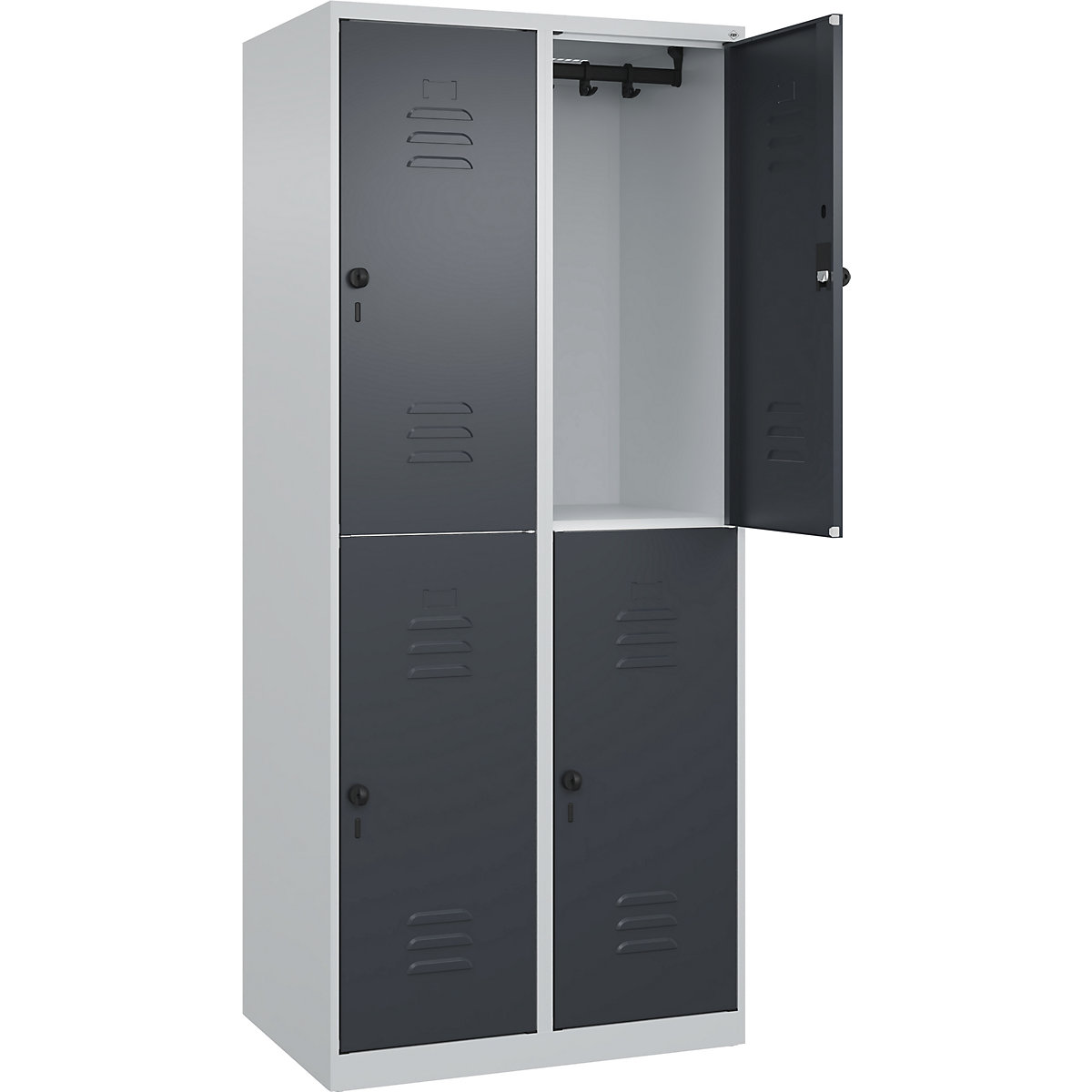 Armadietto a due piani Classic PLUS – C+P, 2 scomparti, grigio chiaro / grigio, alt. x largh. 1850 x 800 mm, con piedini a pavimento, serratura girevole-0