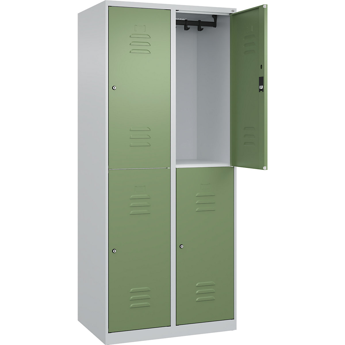 Armadietto a due piani Classic PLUS – C+P, 2 scomparti, grigio chiaro / verde reseda, alt. x largh. 1850 x 800 mm, con piedini a pavimento, serratura a cilindro-0