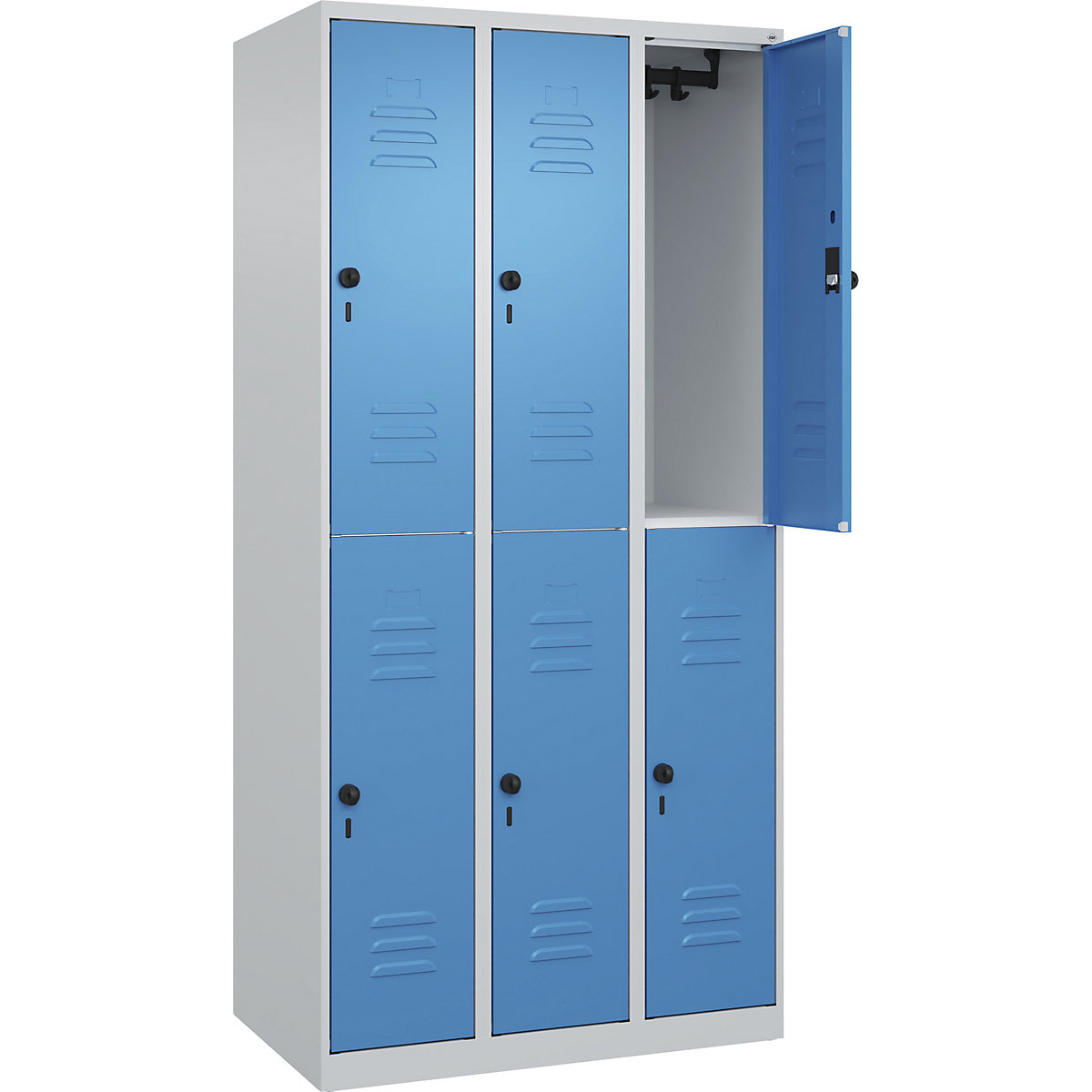 Armadietto a due piani Classic PLUS – C+P, 3 scomparti, grigio chiaro / blu chiaro, alt. x largh. 1850 x 900 mm, con piedini a pavimento, serratura girevole-0